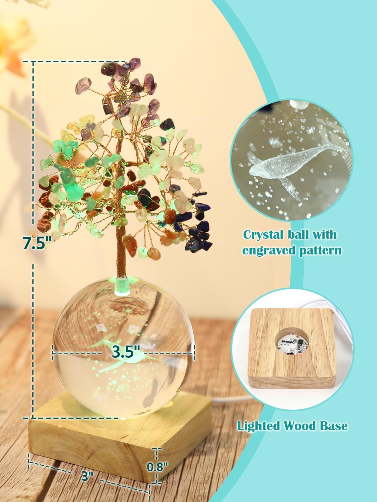 3D Whale Crystal Tree Of Life 7 Chakra Healing Night Light Office Desk Decor