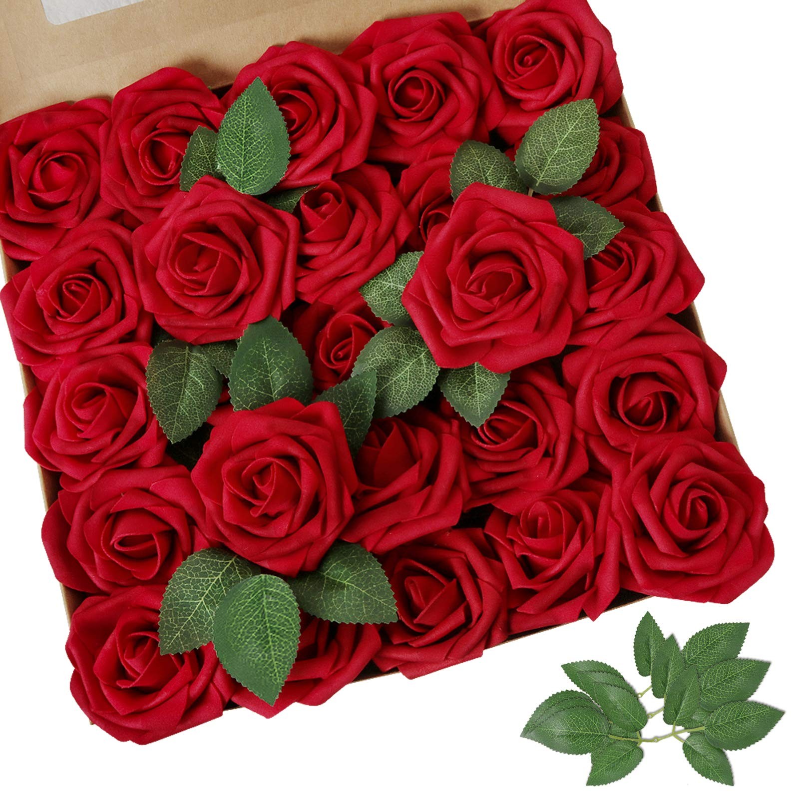 Artificial Flower Dark Red Rose 25pcs Real Looking Fake Roses w/Stem for DIY …