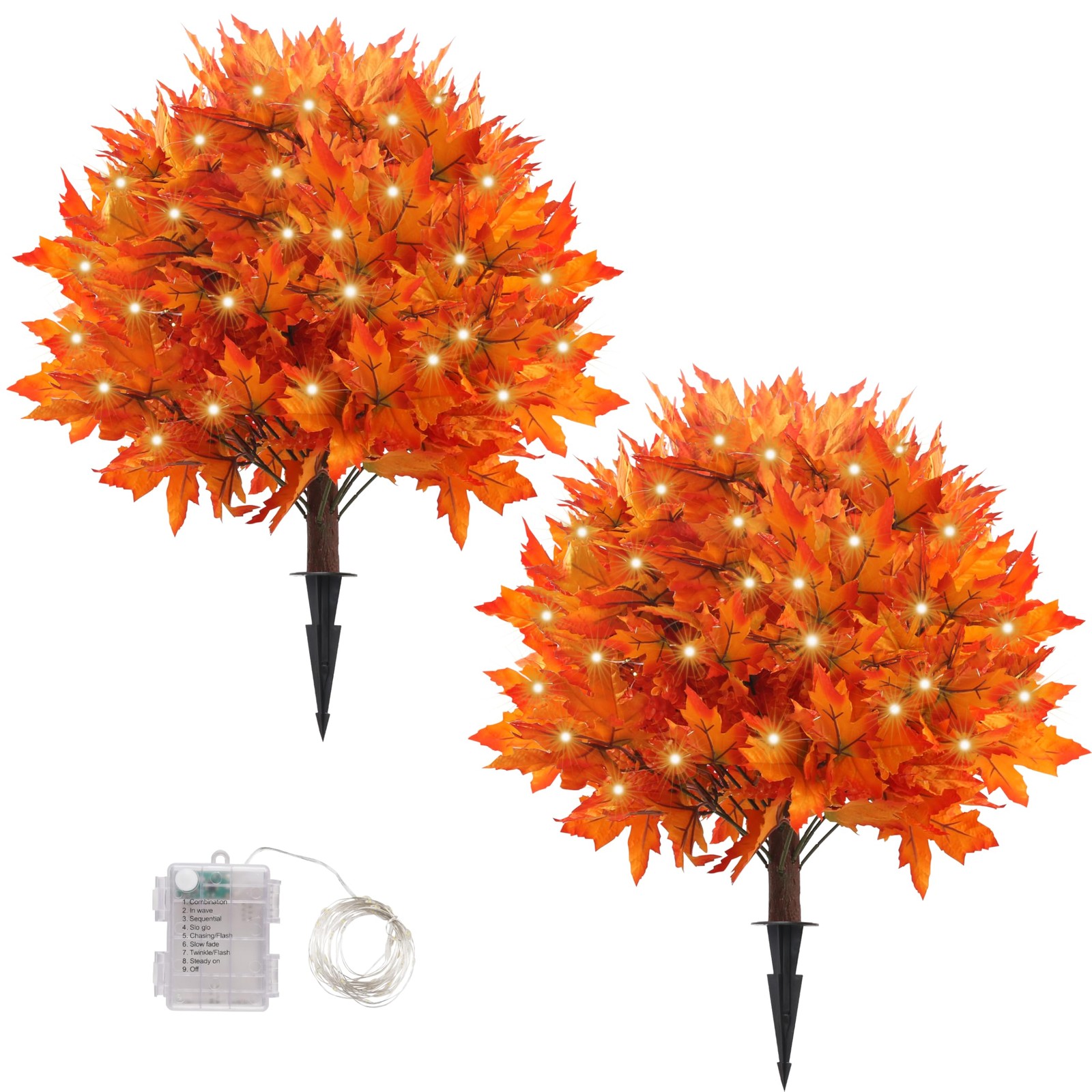 27″ Set of 2 Artificial Maple Topiary Trees with 100 Lights, Fall Decor Maple…