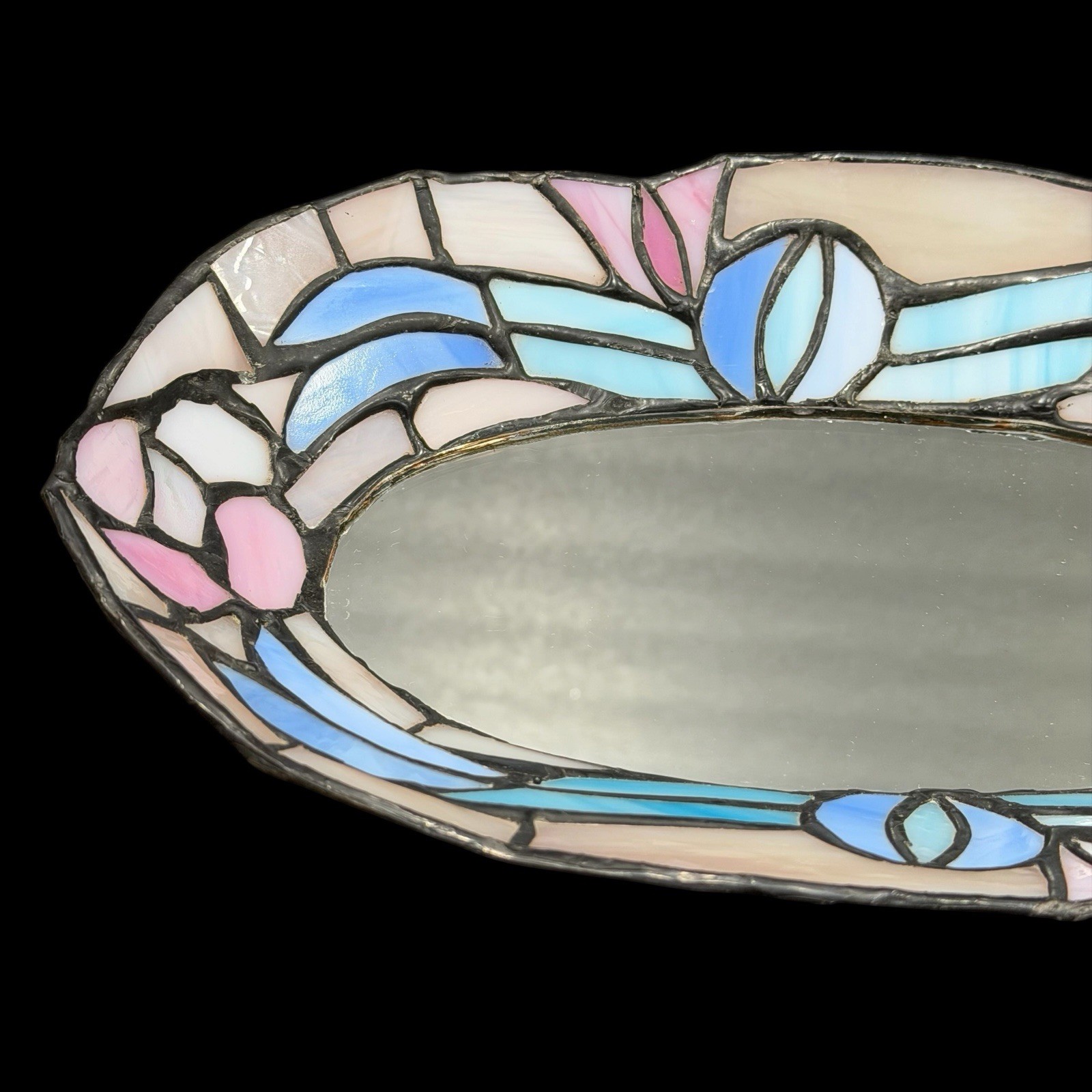 Pastel Stained Glass Style Vanity Mirror Tray Jewelry Dish Art Deco Decor