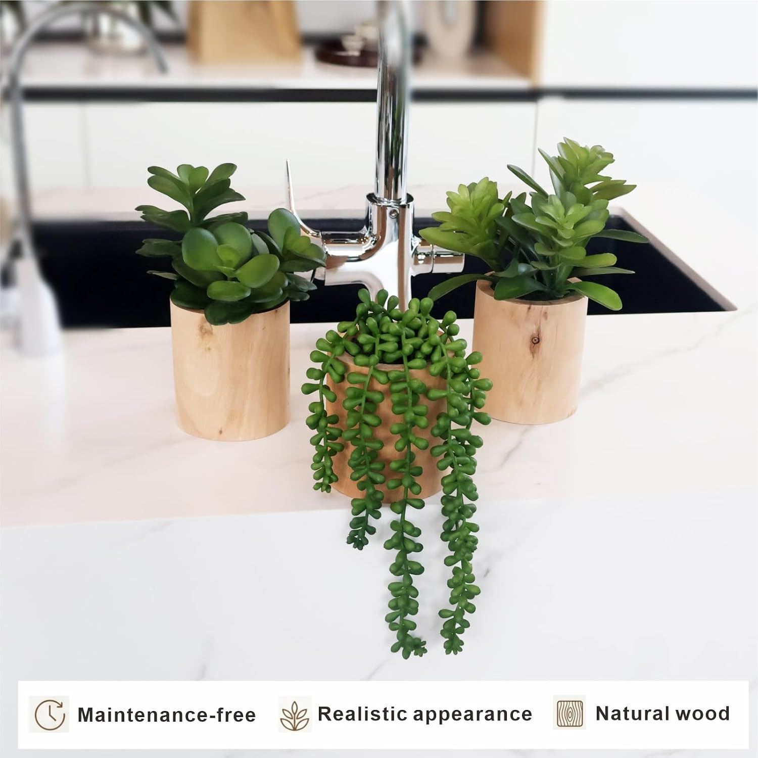 Set of 3 Artificial Succulents in Wooden Pots for Home & Office Decor