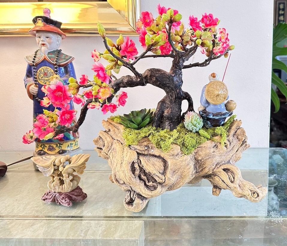 Bonsai Planter Artificial Bonsai Cherry Blossom Tree With Chinese Mud Man Realis