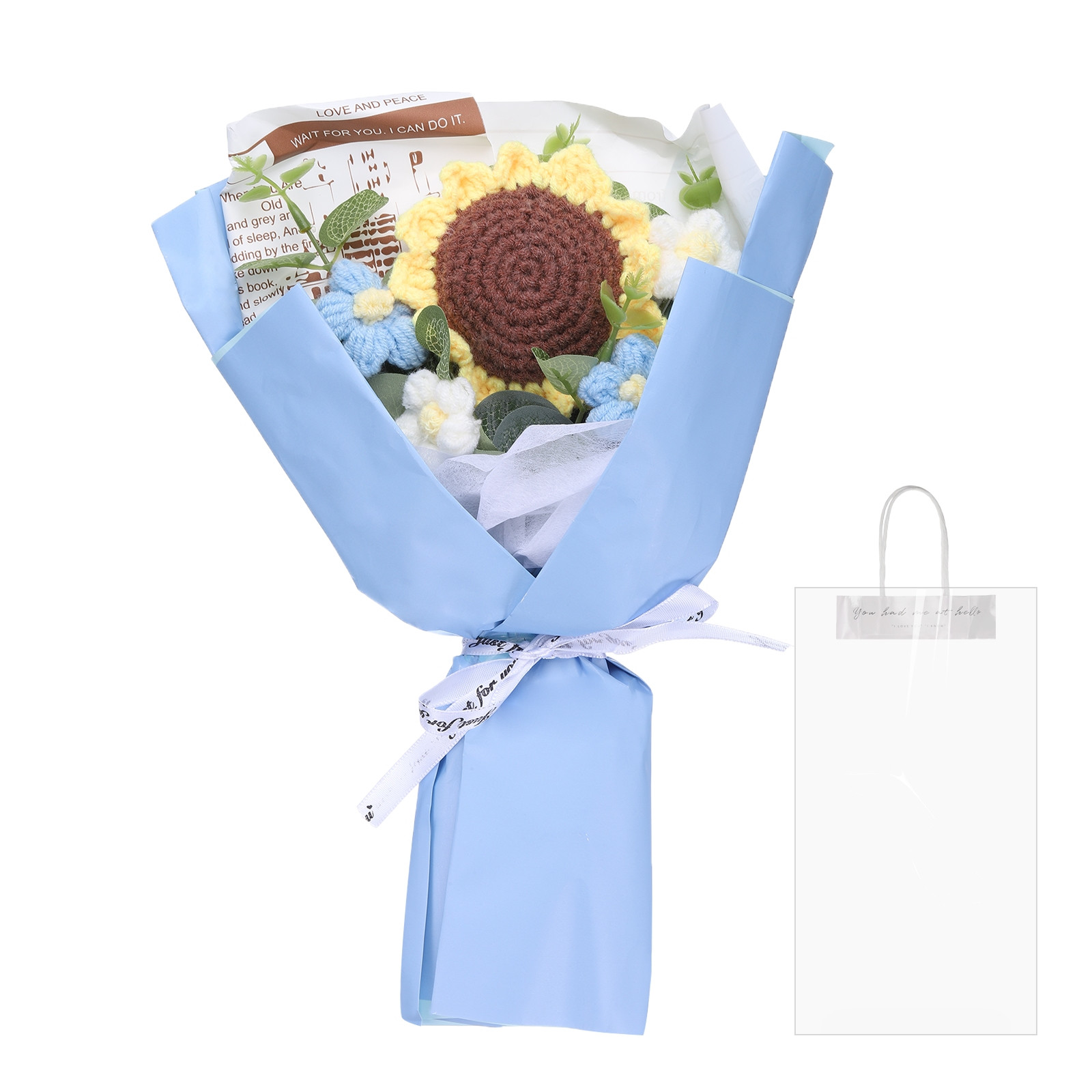 Crochet Flowers Bouquet, Handmade Bouquet Sunflower, Blue
