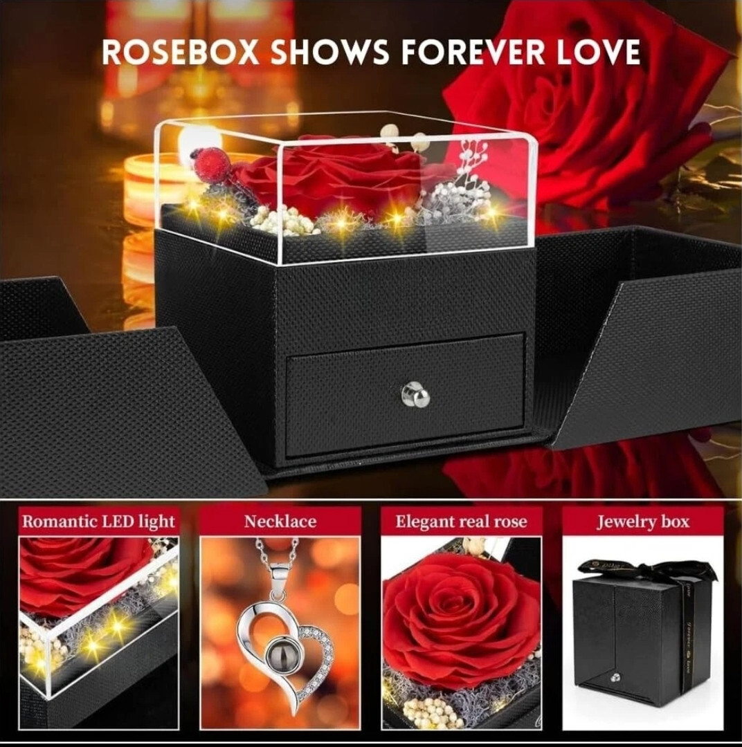 Real Preserved Red Rose with Necklace Auto LED Light Fathers day Gift For him!
