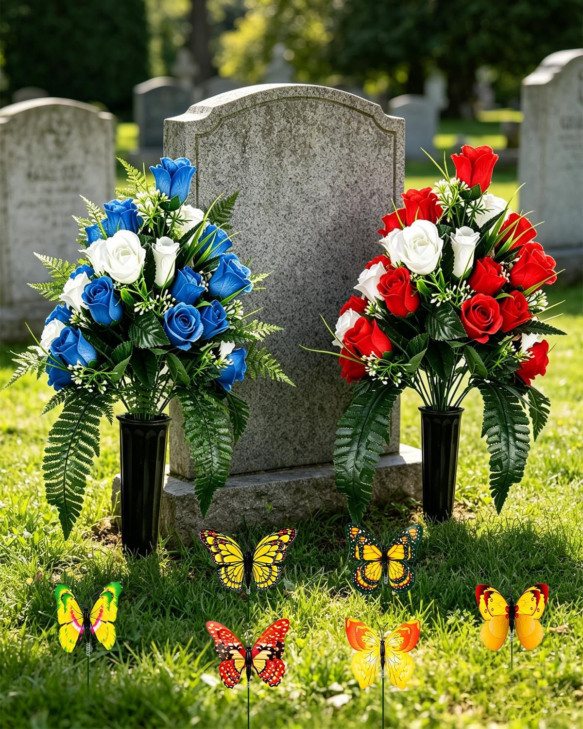 2PCS Artificial Cemetery Flowers for Grave with Vase, Blue, Red & White Rose Mem