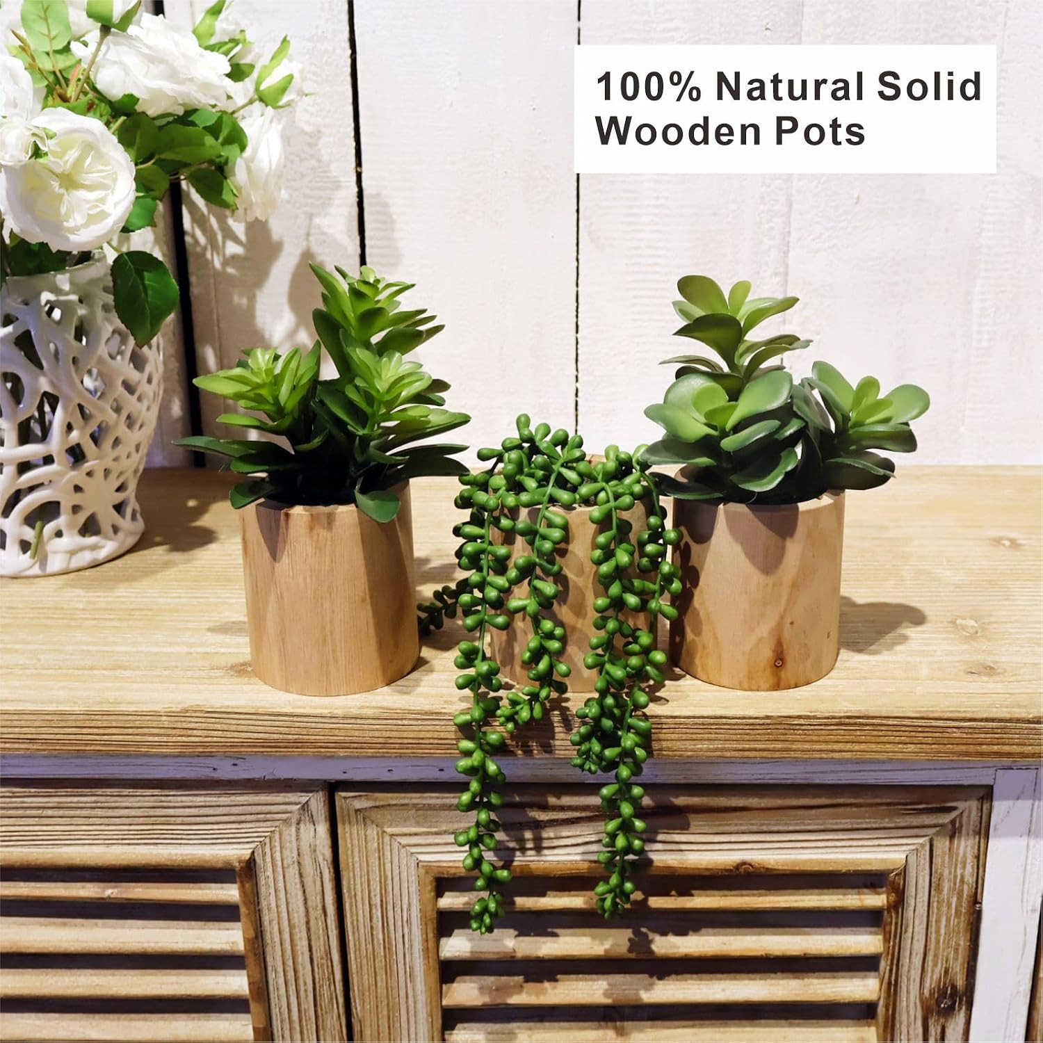 Set of 3 Artificial Succulents in Wooden Pots for Home & Office Decor