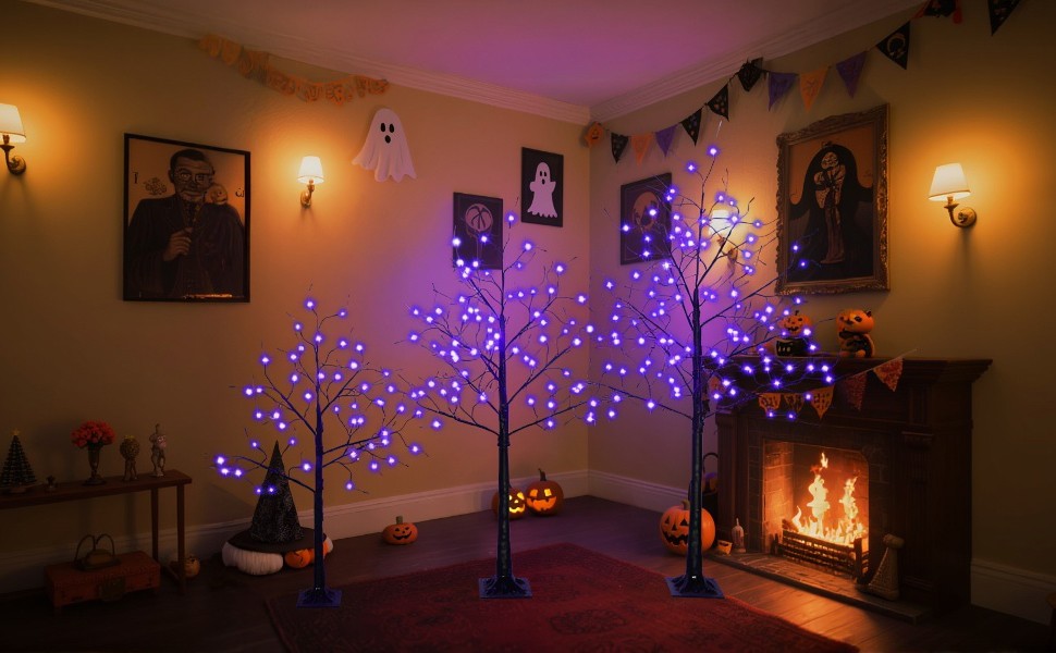 3 Pac Halloween Spooky Tree with Purple Lights, 4FT 5FT and 6FT, Lighted Tree