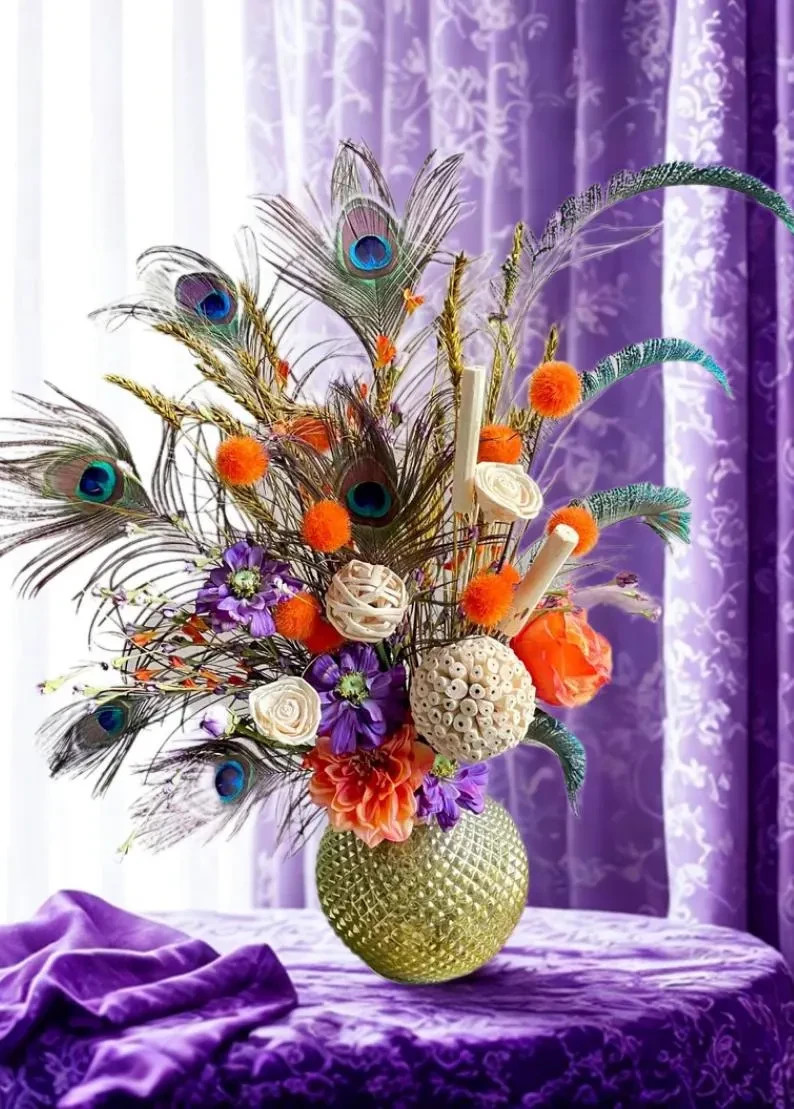 Peacock Centerpiece: Earthy Floral Arrangement, Cute Purple & Orange Room Decor