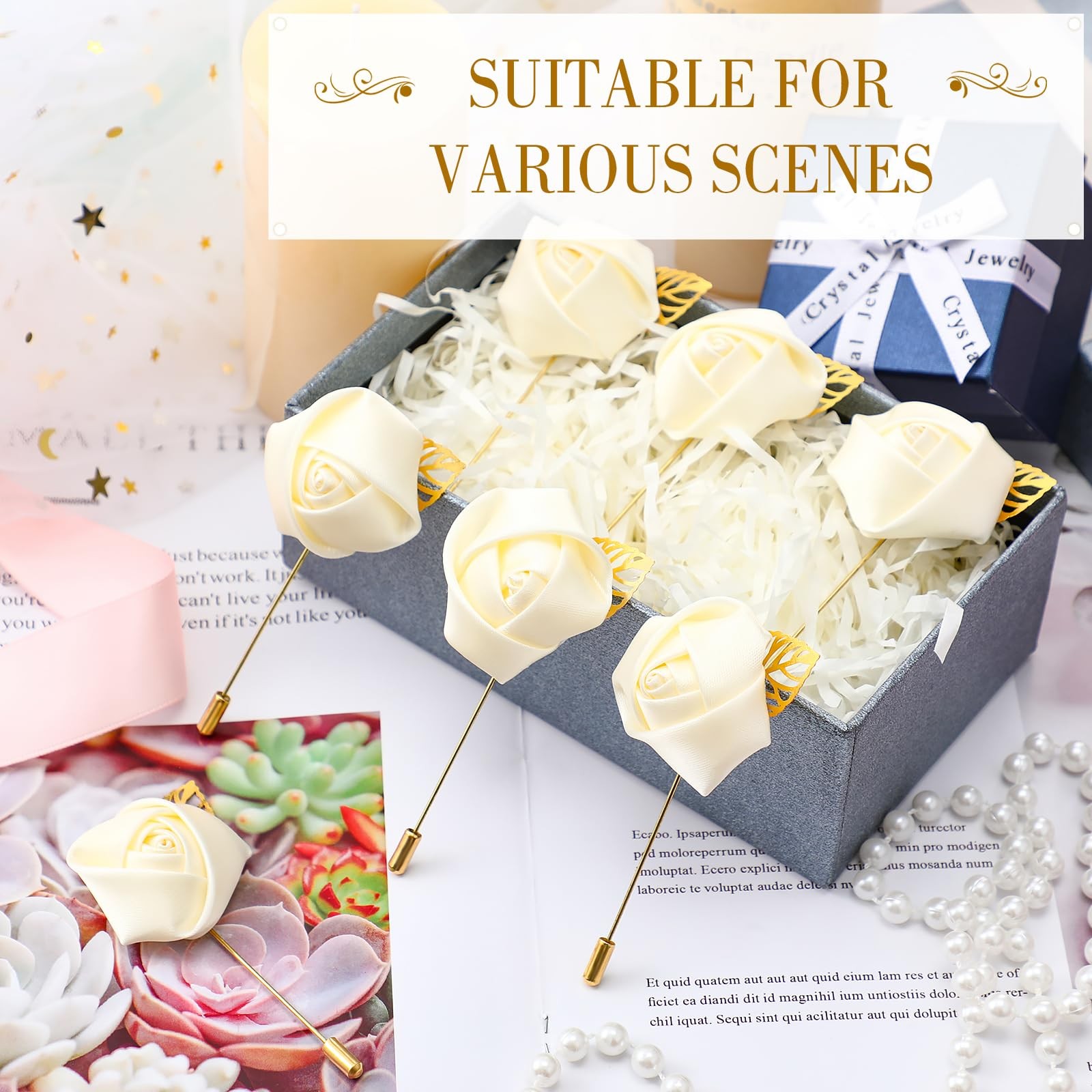 24 PCS Cream Rose Boutonniere Wedding Buttonholes Pocket For Men Prom Pin