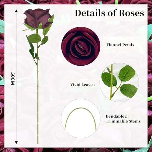 10 PCS Artificial Roses with Long Stems Silk Flowers Realistic Foam Wine Red