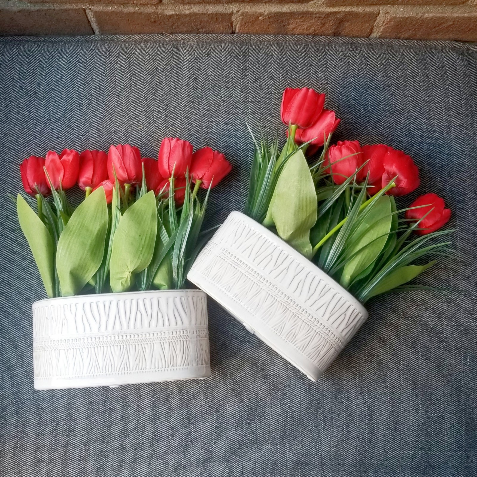 Red Tulips Flowers Planters Artificial Potted Houseplants White Pots Fake Set x2