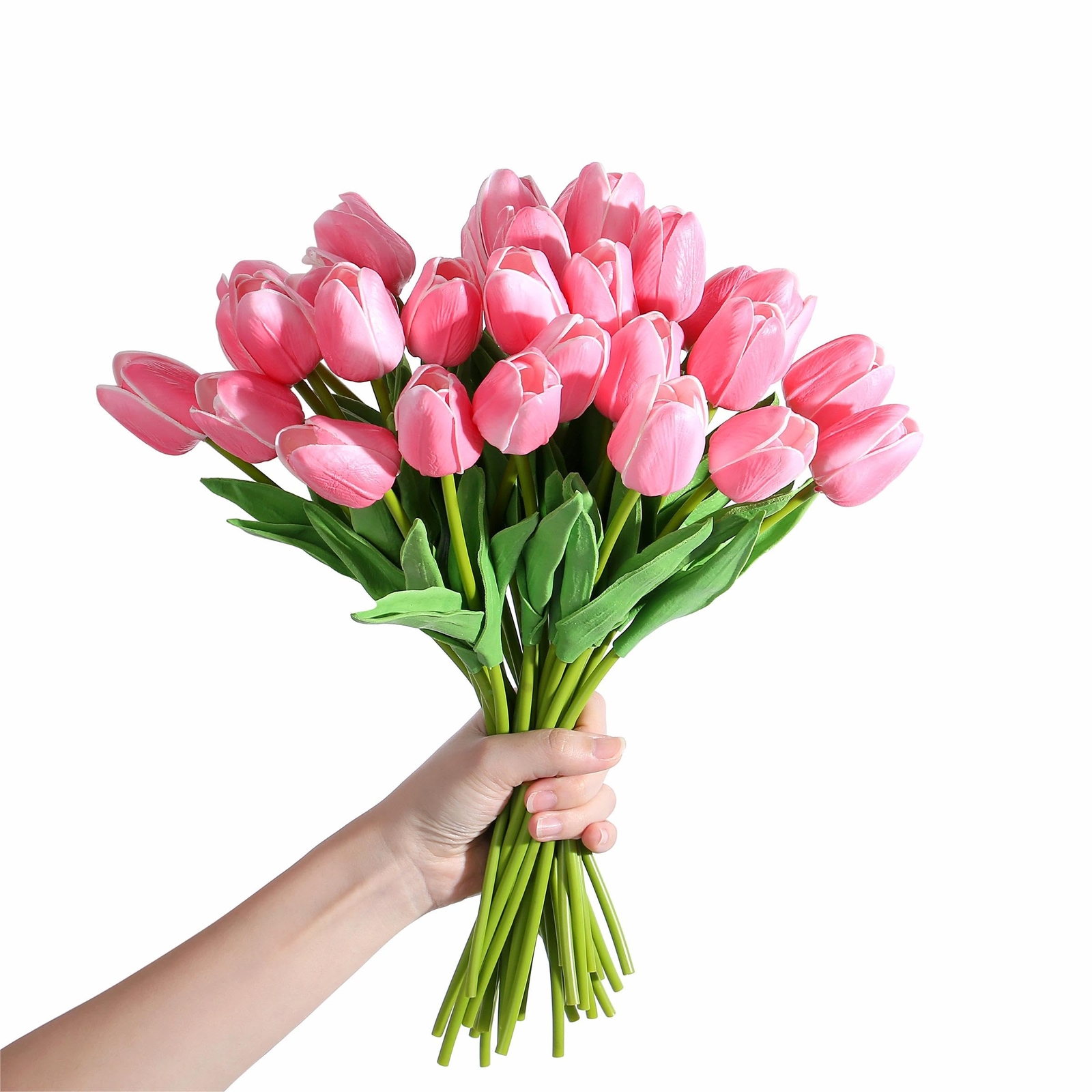 15pcs Fake Tulips Artificial Flowers Real Touch Pink 14″ Silk Flower for Home…