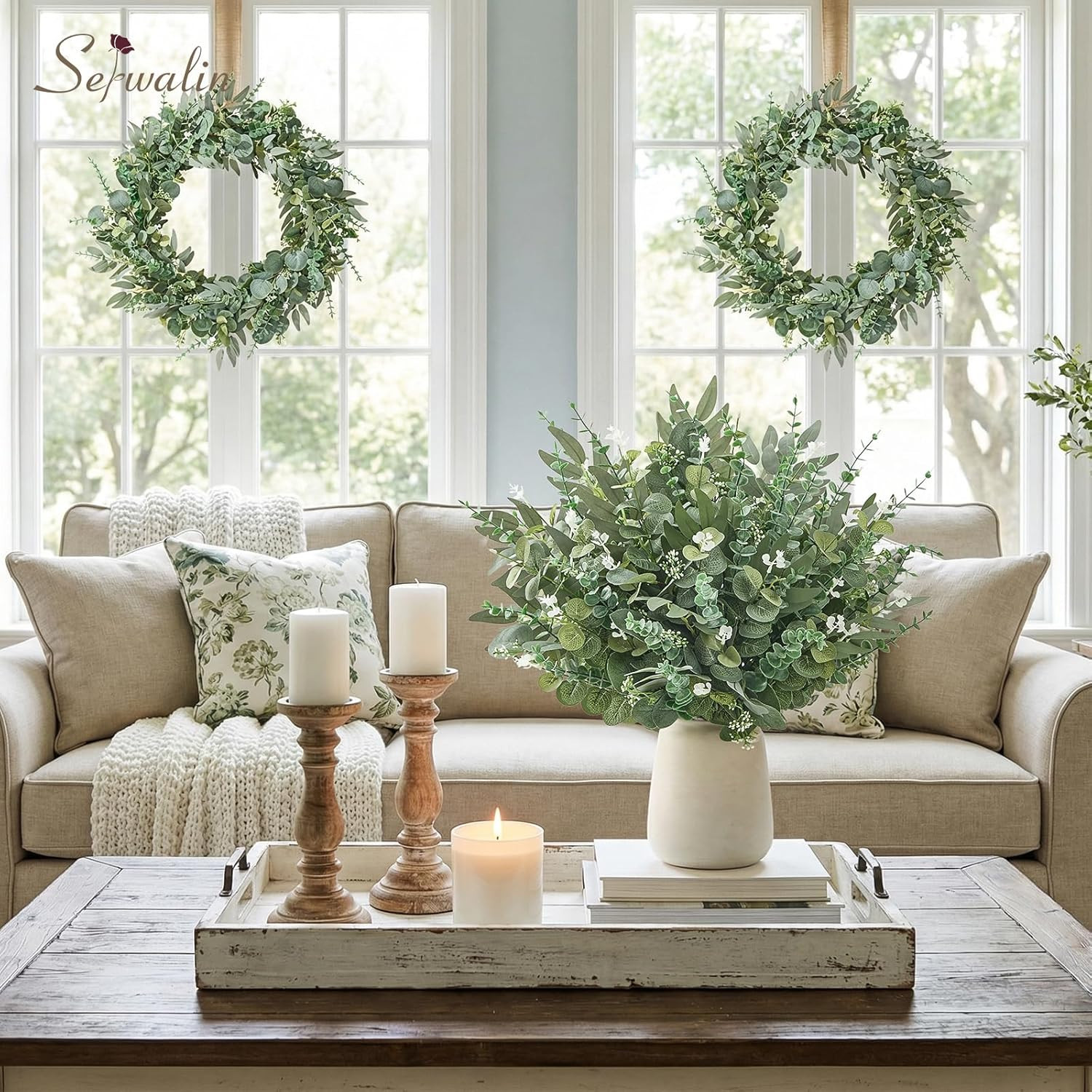 100Pcs Artificial Greenery Stems, Faux Eucalyptus Stems Bulk with Fake Leaves, M