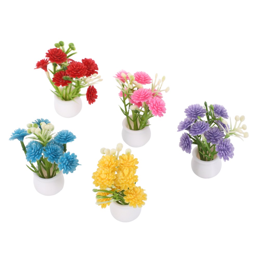 5pcs Mini Flower Pot Set with Artificial Flowers for Dollhouse and Fairy Garden