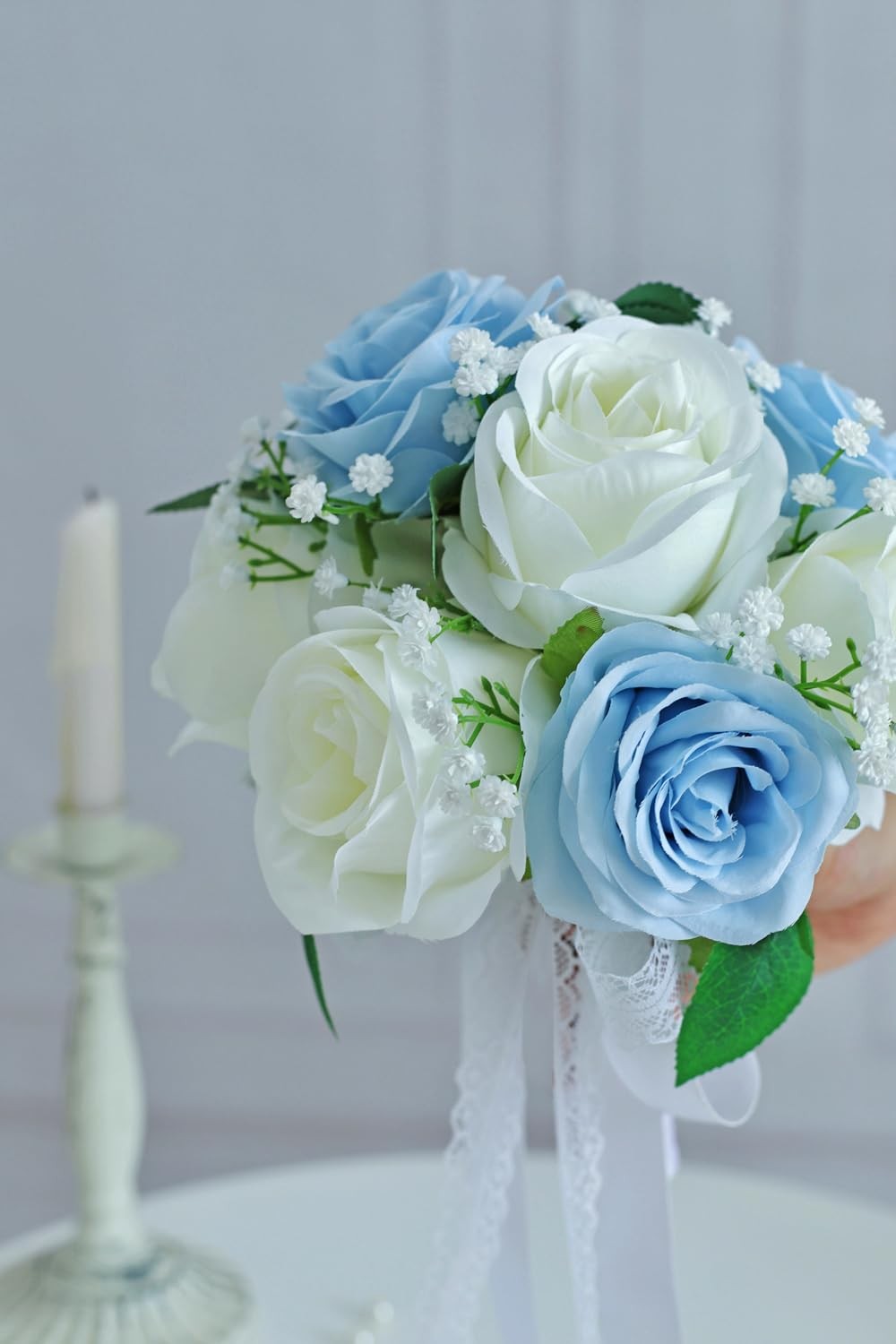 7 Inch Dusty Blue Ivory Baby Breath Artificial Rose Flower Wedding Bouquet
