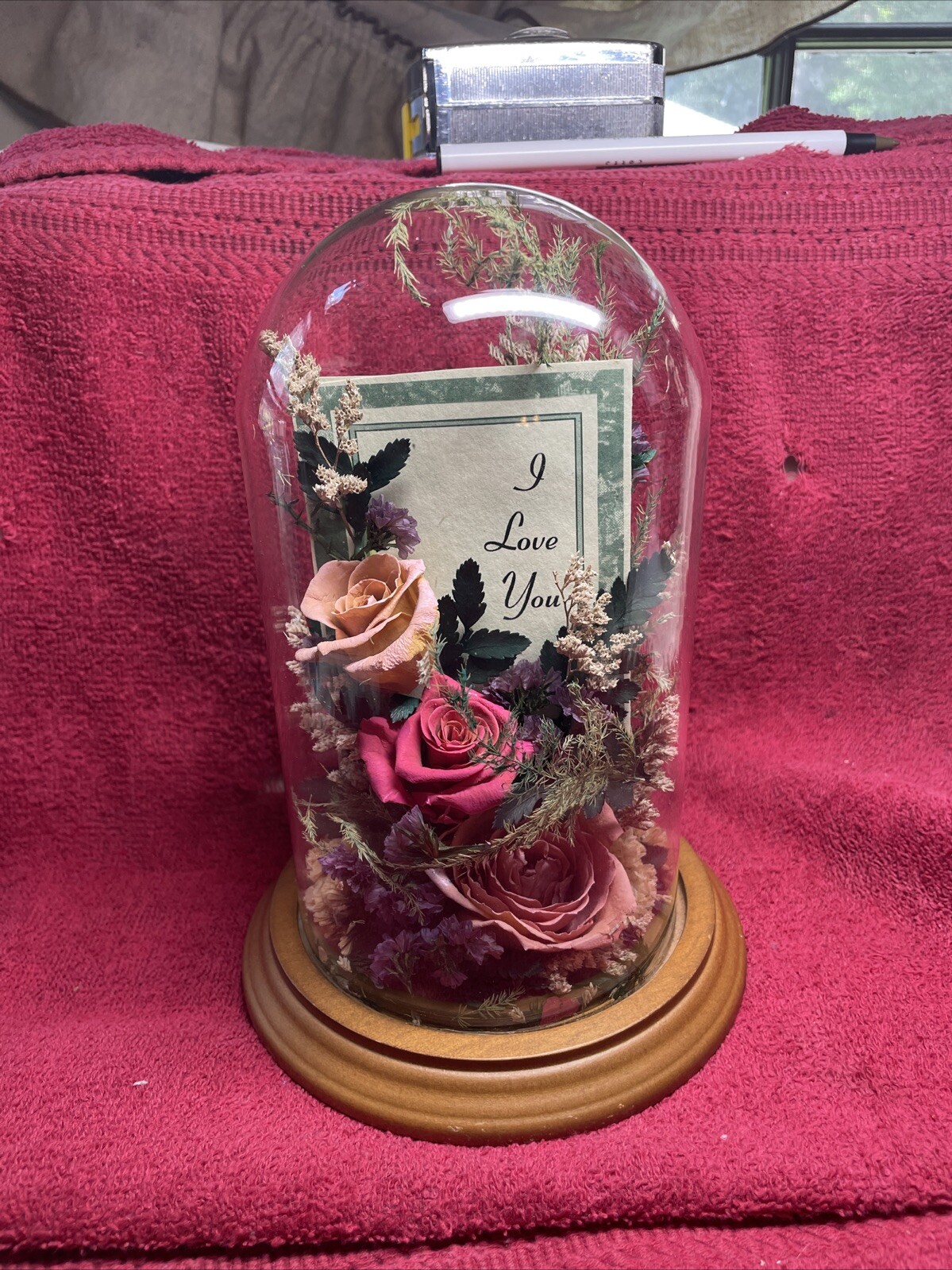 Vintage Dried Red Roses Flower Arrangement Preserved in 7.5” Glass Dome
