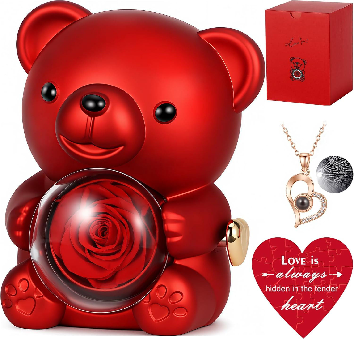 Cute Teddy Bear with Preserved Rose, Hidden Surprise Necklace Rotating Gift Box