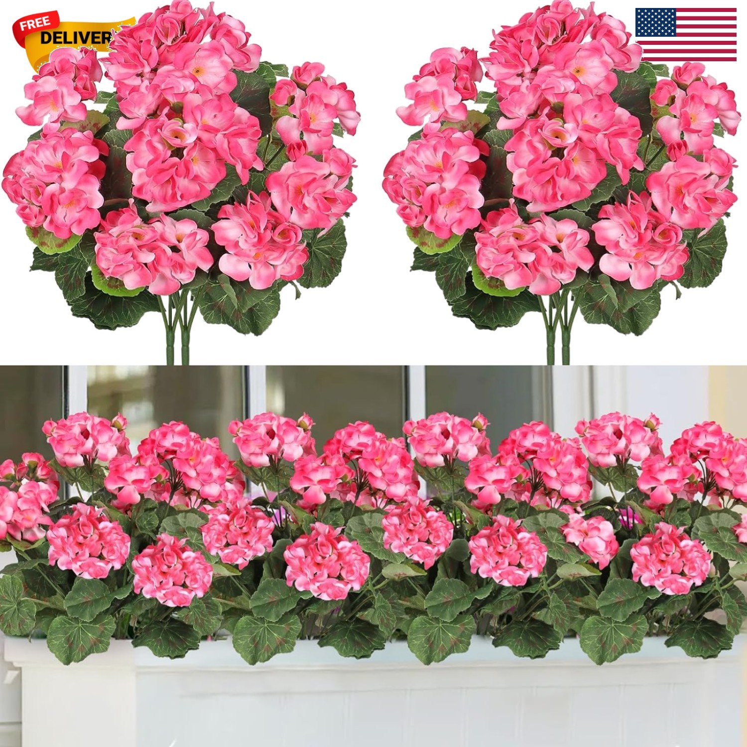 Artificial Pink Geranium Silk Flowers Outdoor Plant Bush 2 Bundles Faux Flowe…