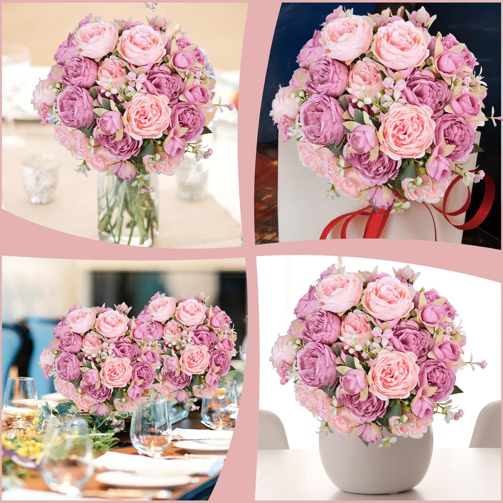6 PCS Peonies Artificial Flowers Bulk Mixed Pink Silk Fake Bouquet Red Floral