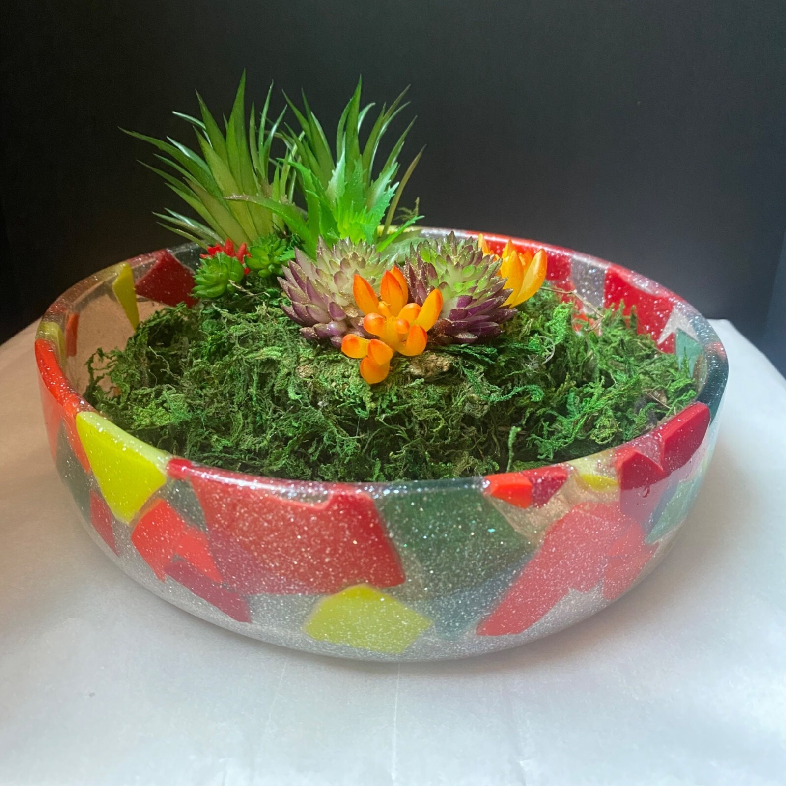 Artificial Succulent Garden In Handmade Resin Mosaic Bowl Decor