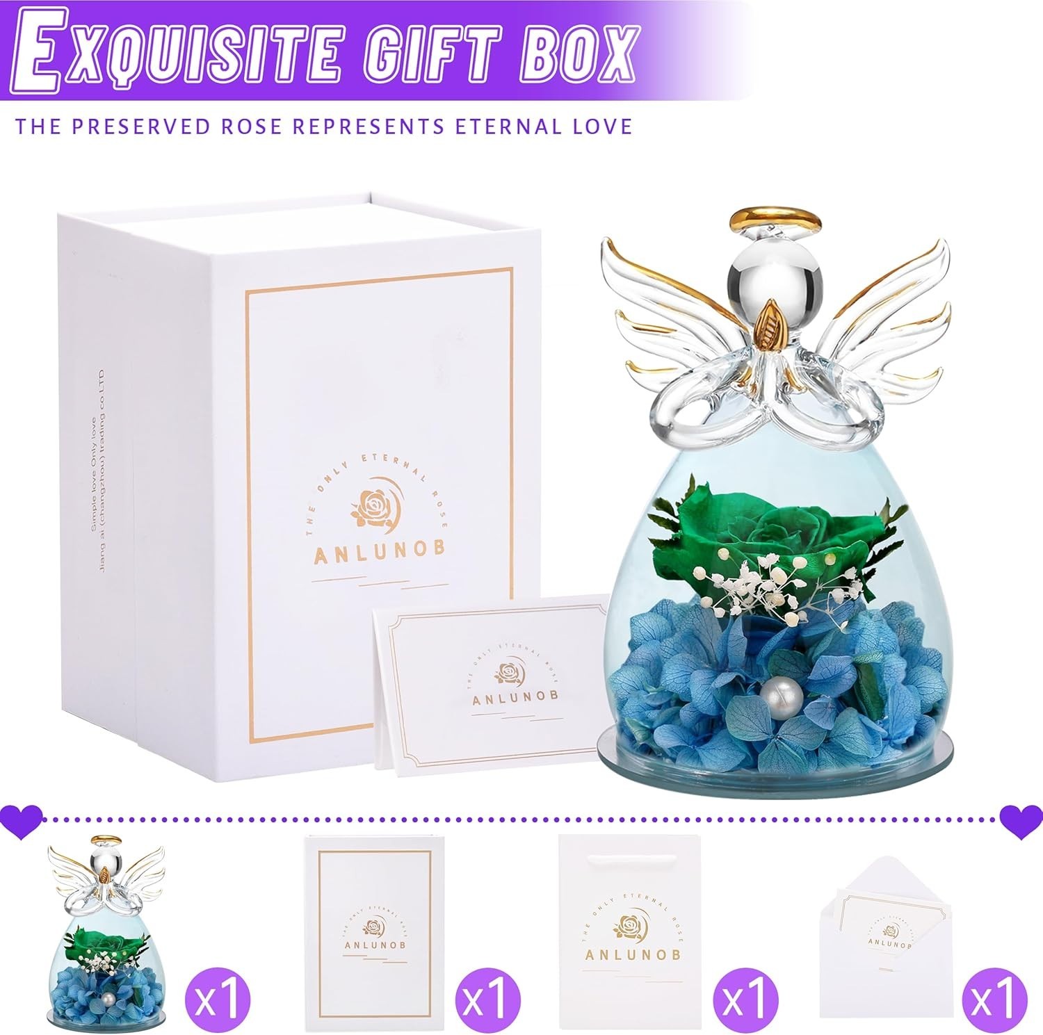 Borosilicate Glass Angel Figurine with Lasting Green Rose – Ideal Home Decor