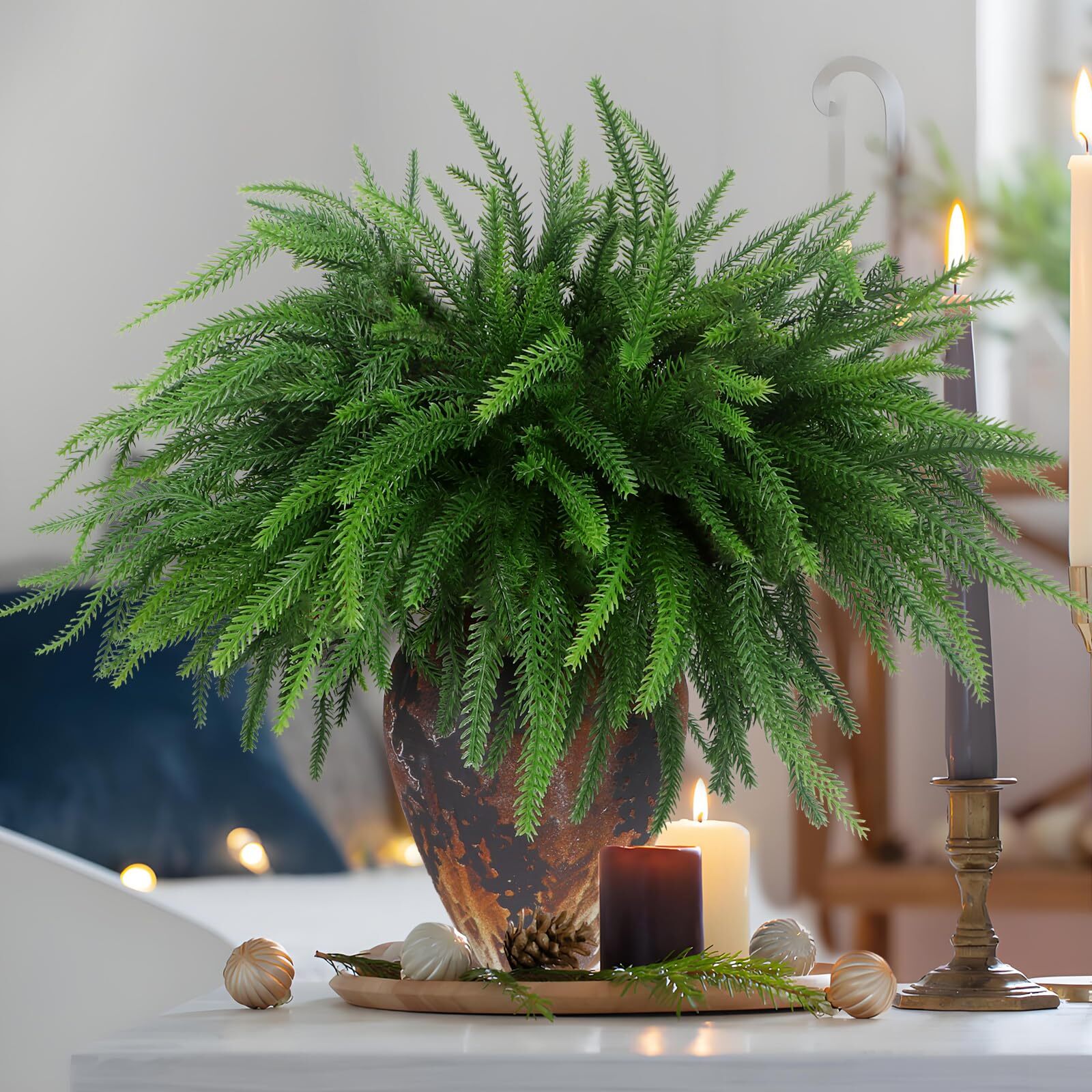 12pcs Christmas Norfolk Pine Stemsreal Touch Artificial Norfolk Pine Branches Fo