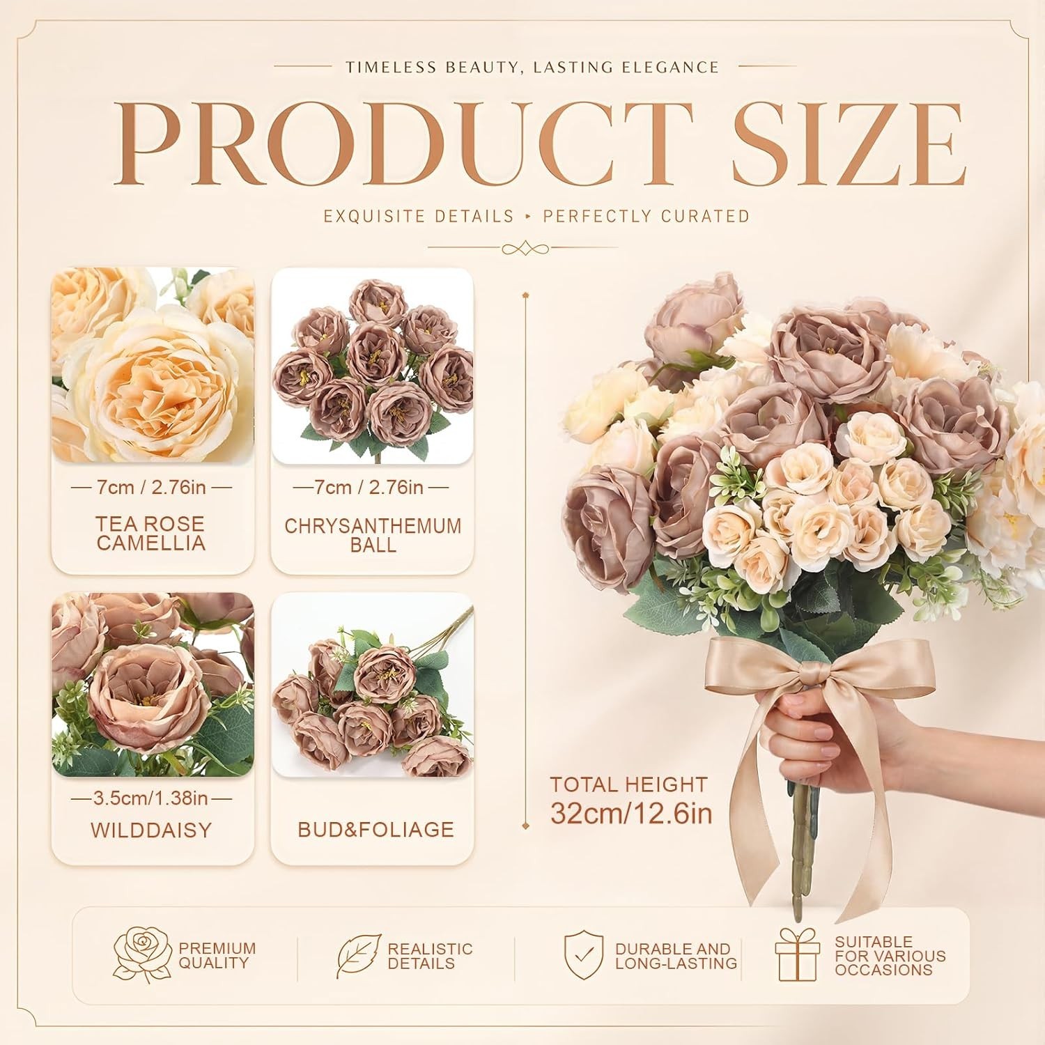 Realistic 12 Bundles Silk Flower Bouquets – Brown Beige for Table Centerpieces