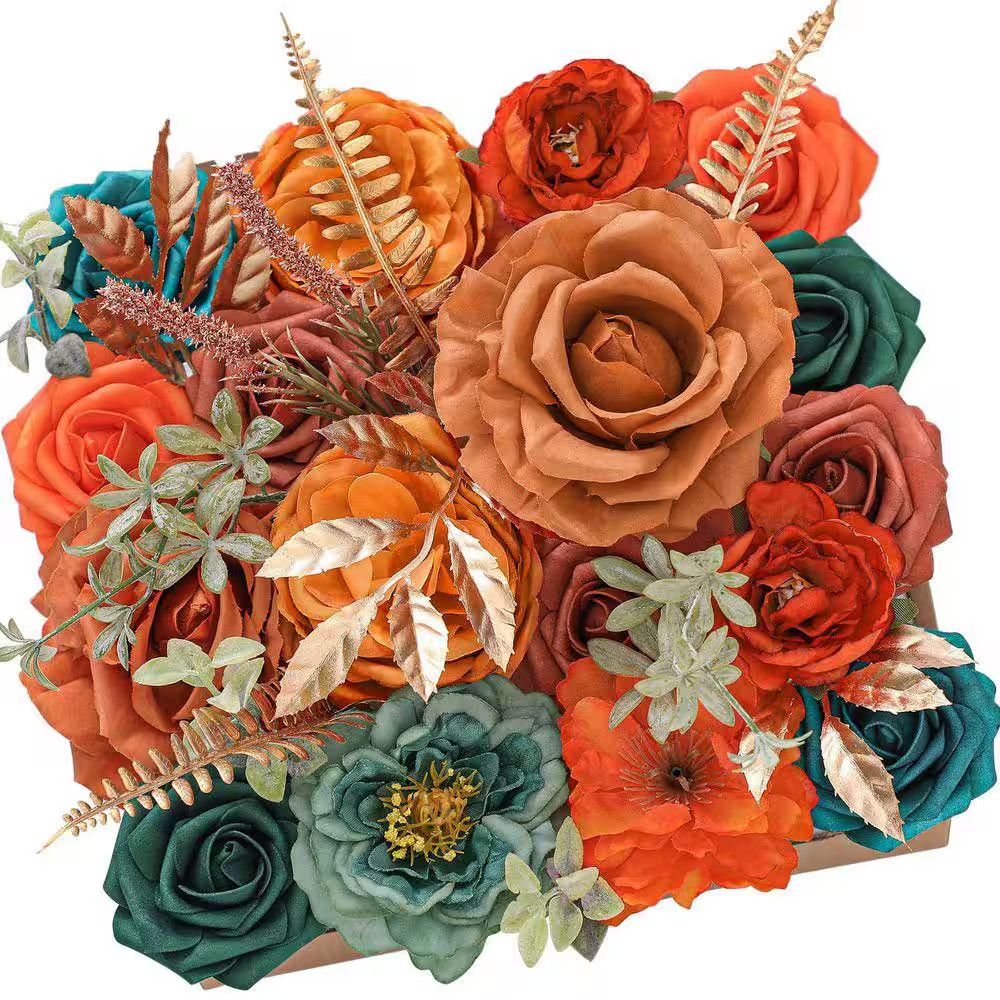 5 In. H Burnt Orange and Teal Artificial Silk Mixed Flowers for Wedding Party Ho