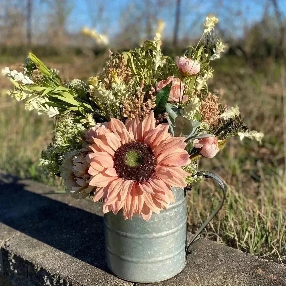 NEW Southern Sunflower farmhouse floral arrangement in galvanized container