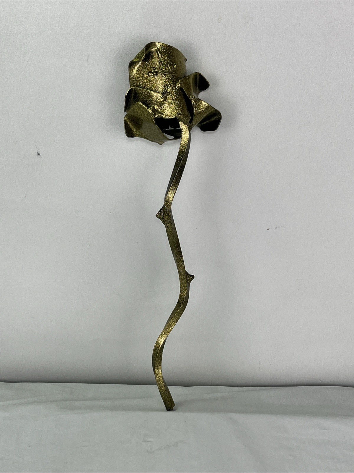 Hand Forged Rustic Metal Rose w/ Thorns Sculpture Gold Sparkles
