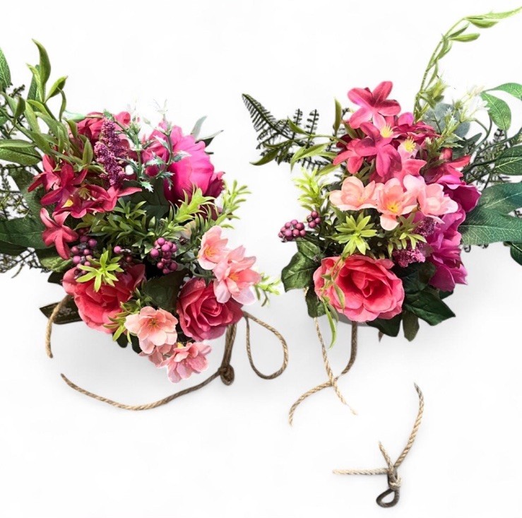 Set of 2 Artificial Rose Floral Arrangements Pink in Pots w/ Rope Cords hanging