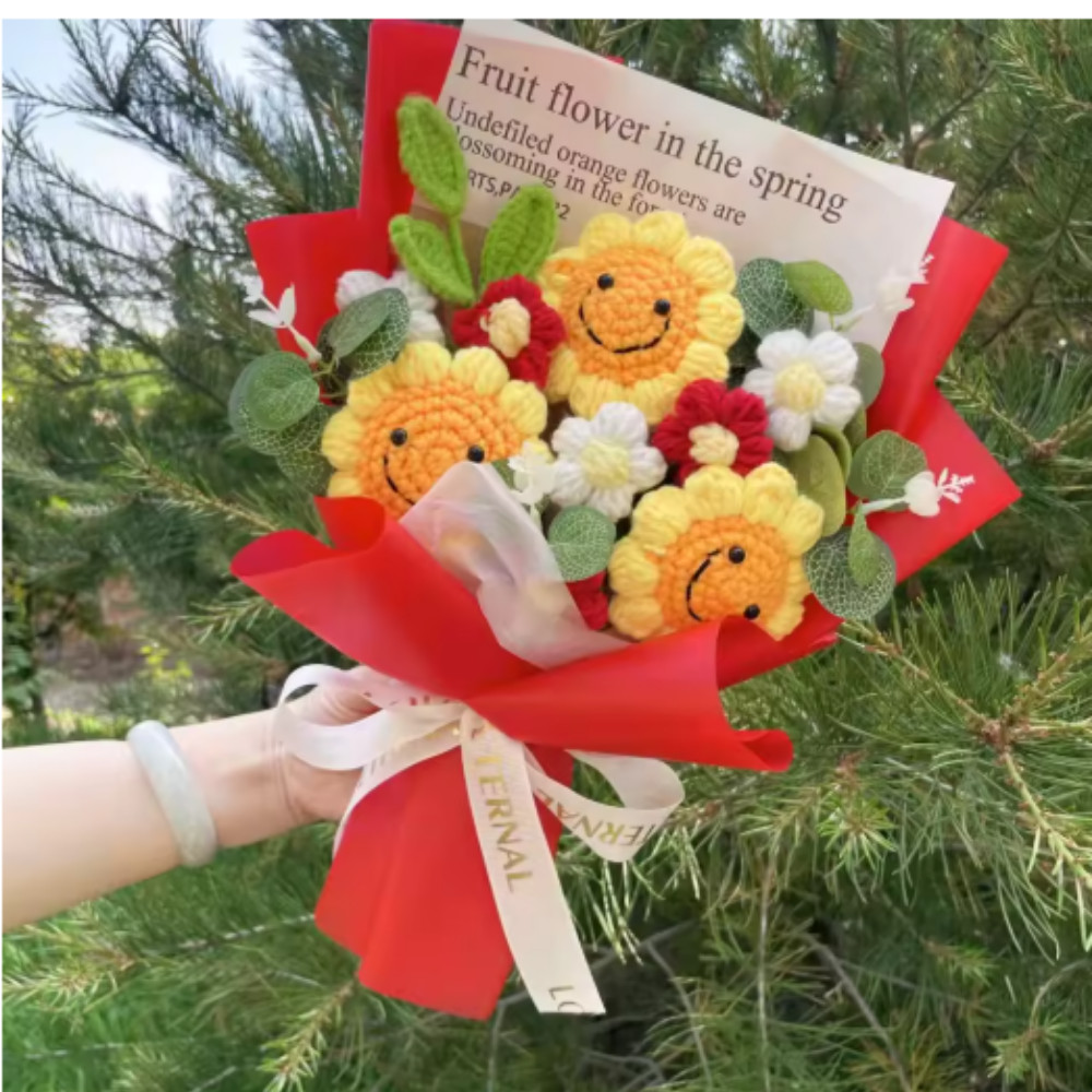 Crochet Sunflower & Rose Bouquet – Knitted Eternal Valentine’s Day Gift