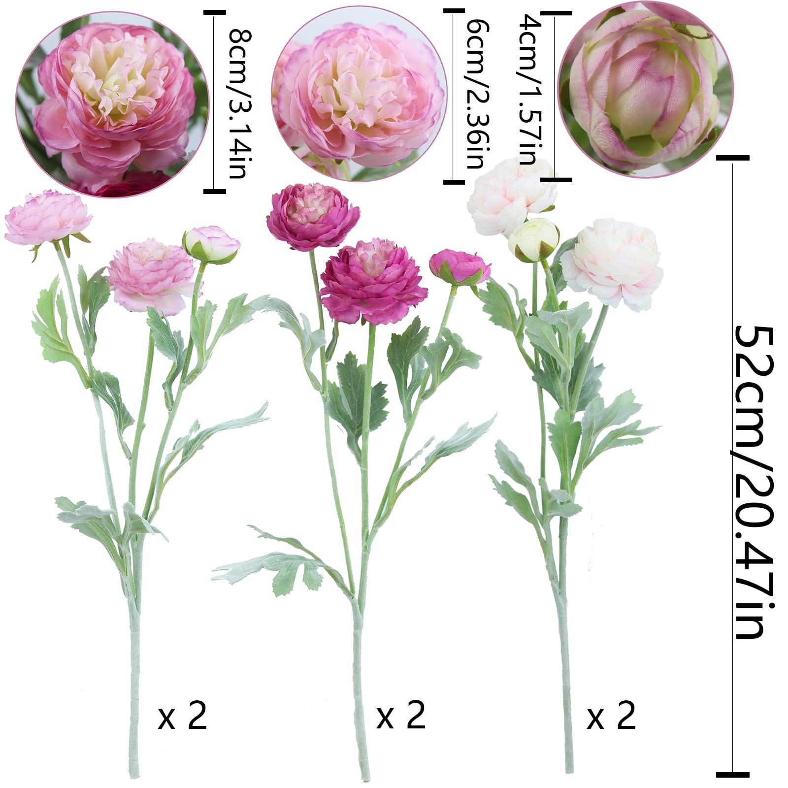 6 Pcs Artificial Flowers Silk Peony Rose Single Stem Artificial Ranunculus Fl…