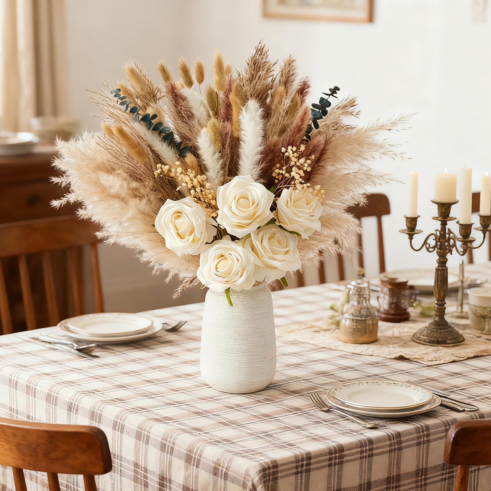 100pcs Dried Pampas Grass with Vase, Includes Artificial Silk Roses, Boho Nat…