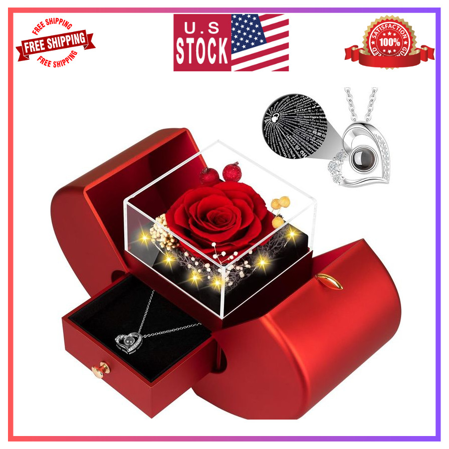 Preserved Red Rose with I Love You Necklace Gift for Women Mom Wife Girlfriend