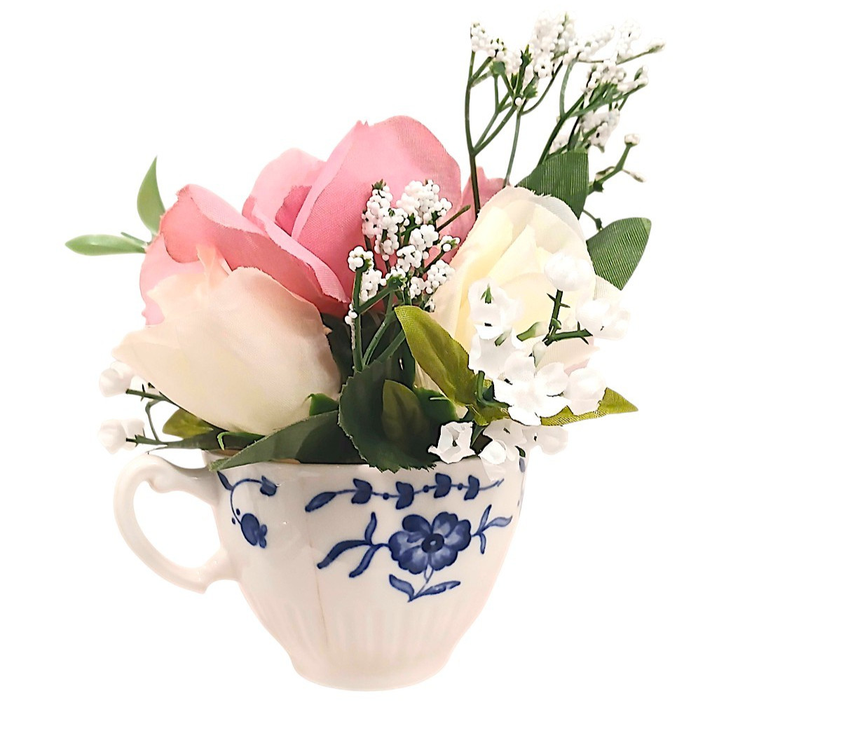 Dainty Pink White Roses Floral Arrangement Tea Party Cup POP-IN Birthday Bridal