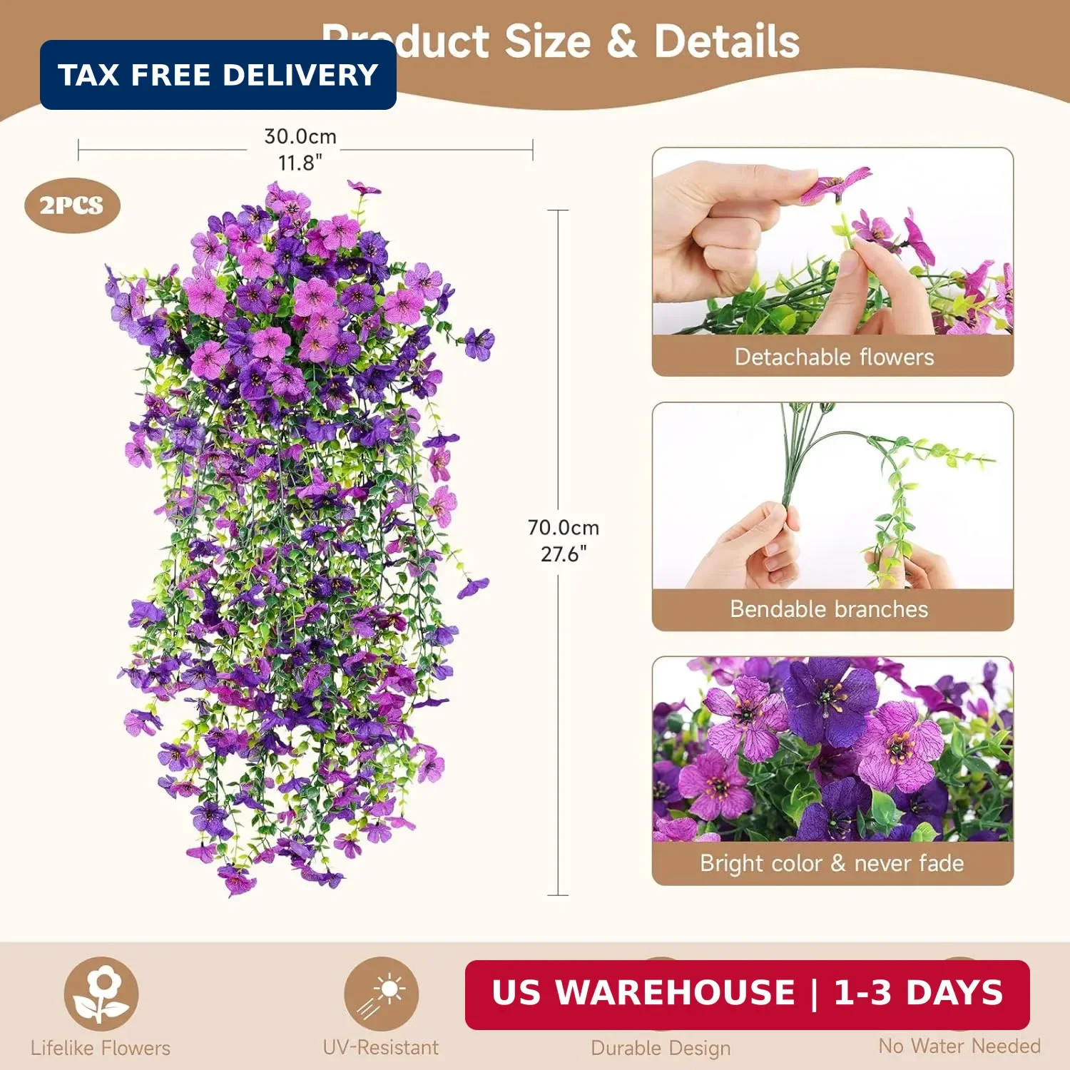 Artificial Hanging Flowers for Outdoors Faux Plants Spring Porch Decor, 2 Pcs Fa