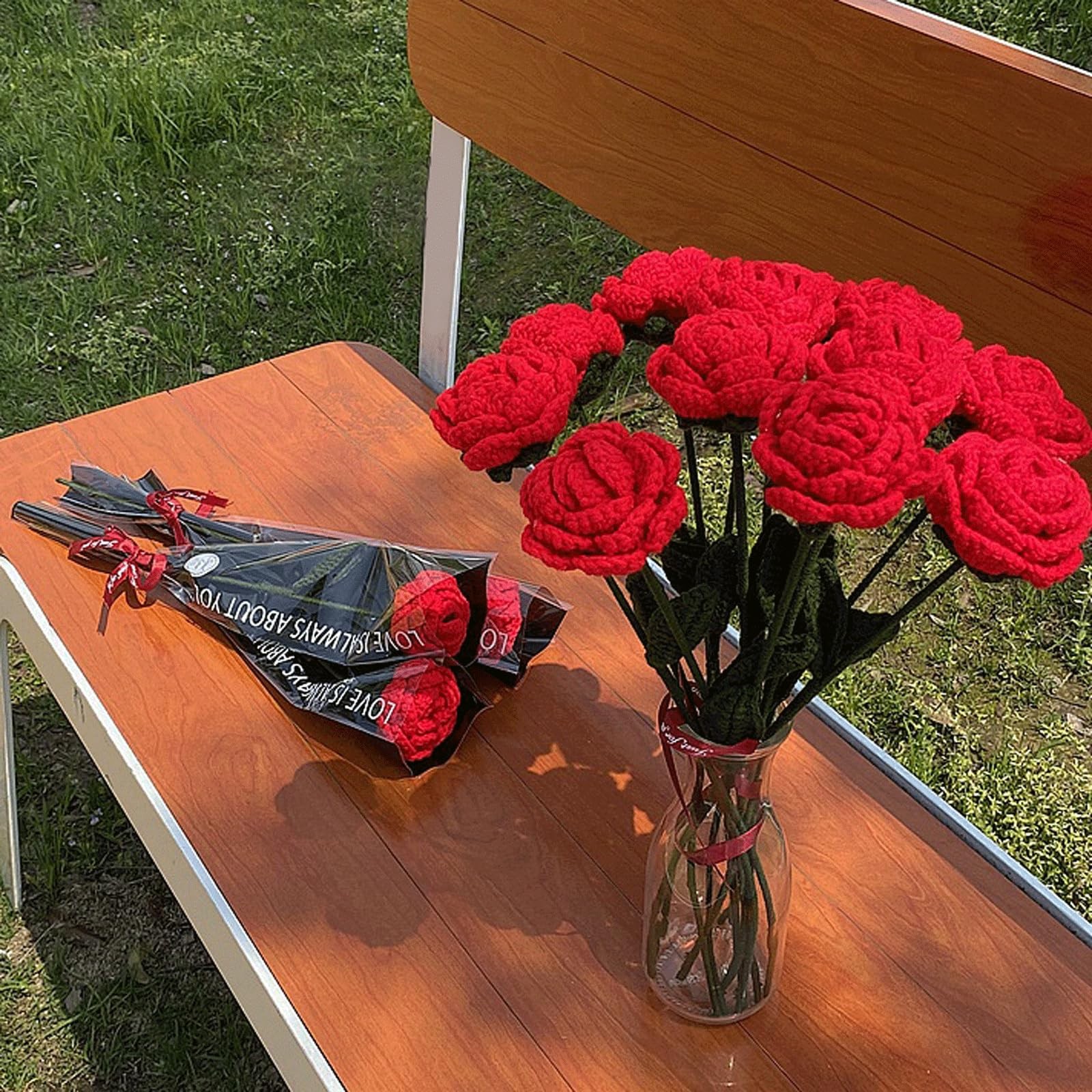 3PCS Crochet Rose Bouquet Hand Knitted Flower Gift Valentine Mothers Day