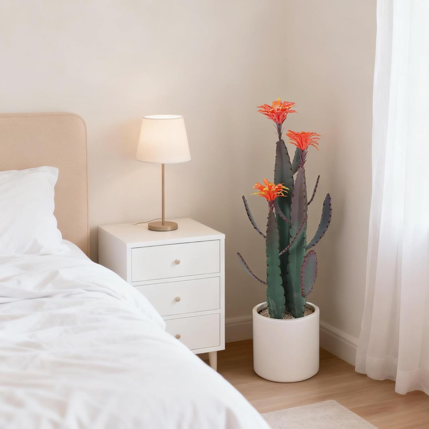 Artificial Cactus in Pot with Stone and Red Flower, Decorative Desert Cacti