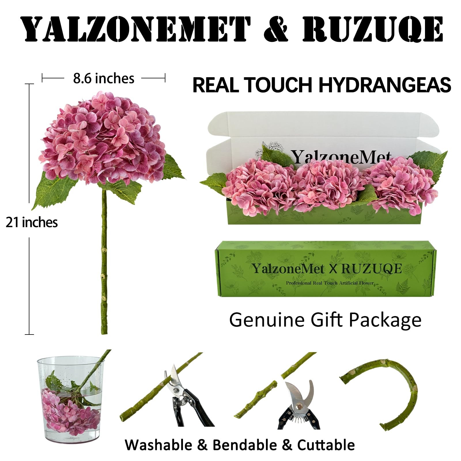 3 pcs Real Touch Hydrangea Artificial Flowers, 21″ Dark Pink Large Long Stems…