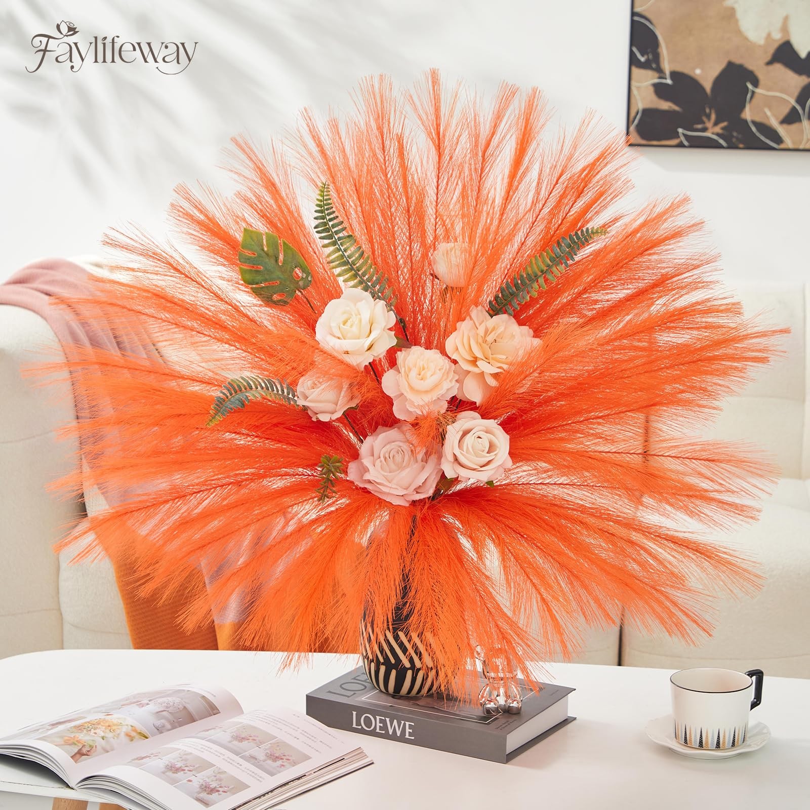 50 PCS 17 inch Light Orange Pampas Grass Decor, Small Fluffy Vase Filler Stems