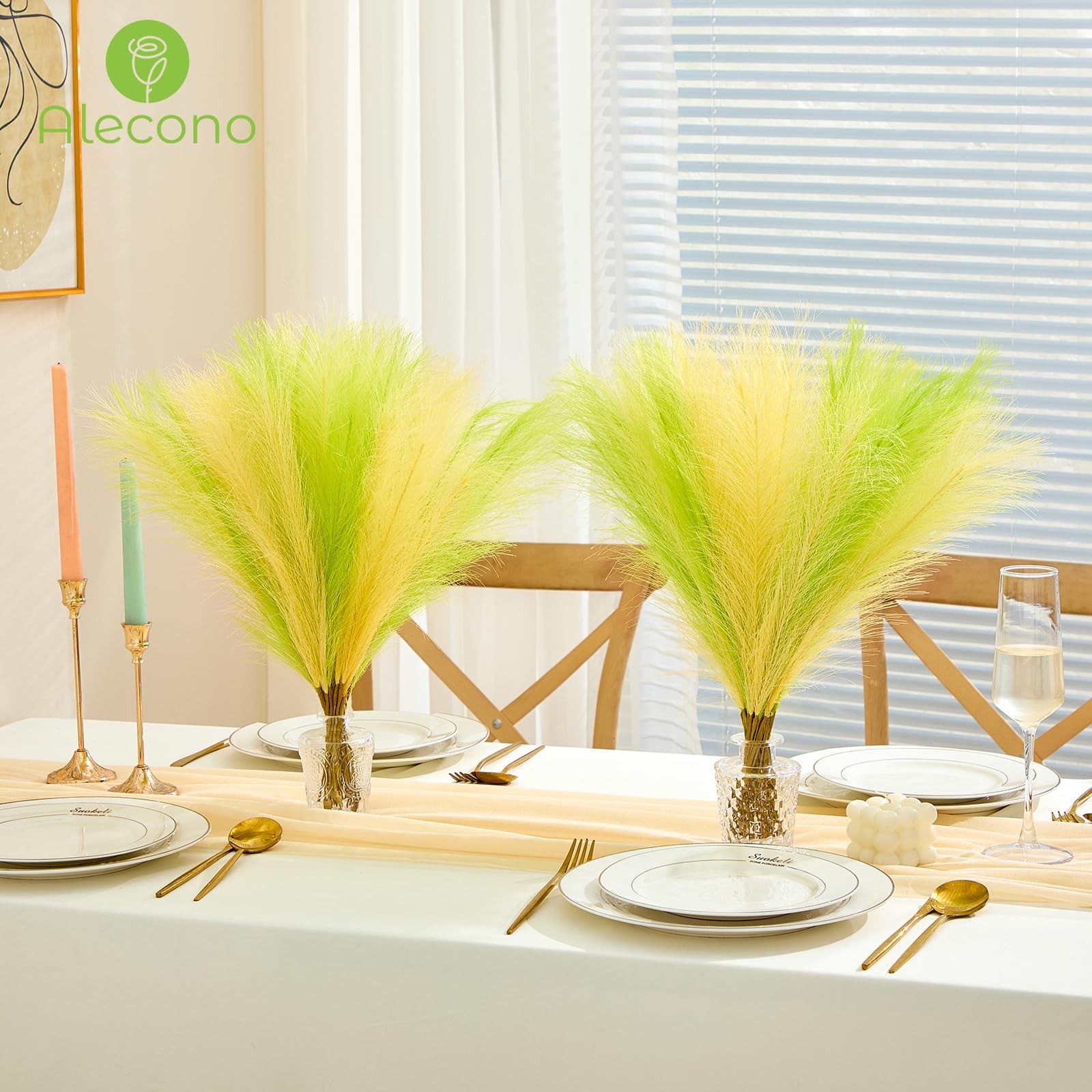 Pampas Grass 17in 𝟯𝟬𝙋𝙘𝙨, Yellow and Green Artificial Faux Fluffy Pampas …