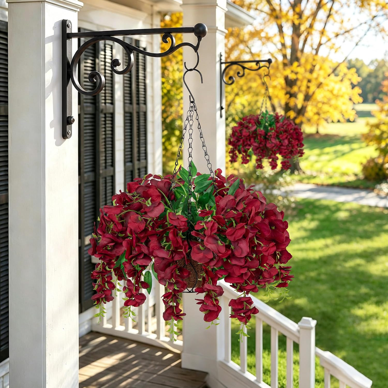 20″ Burgundy Wisteria Flowers in Hanging Basket for Autumn Outdoor Décor