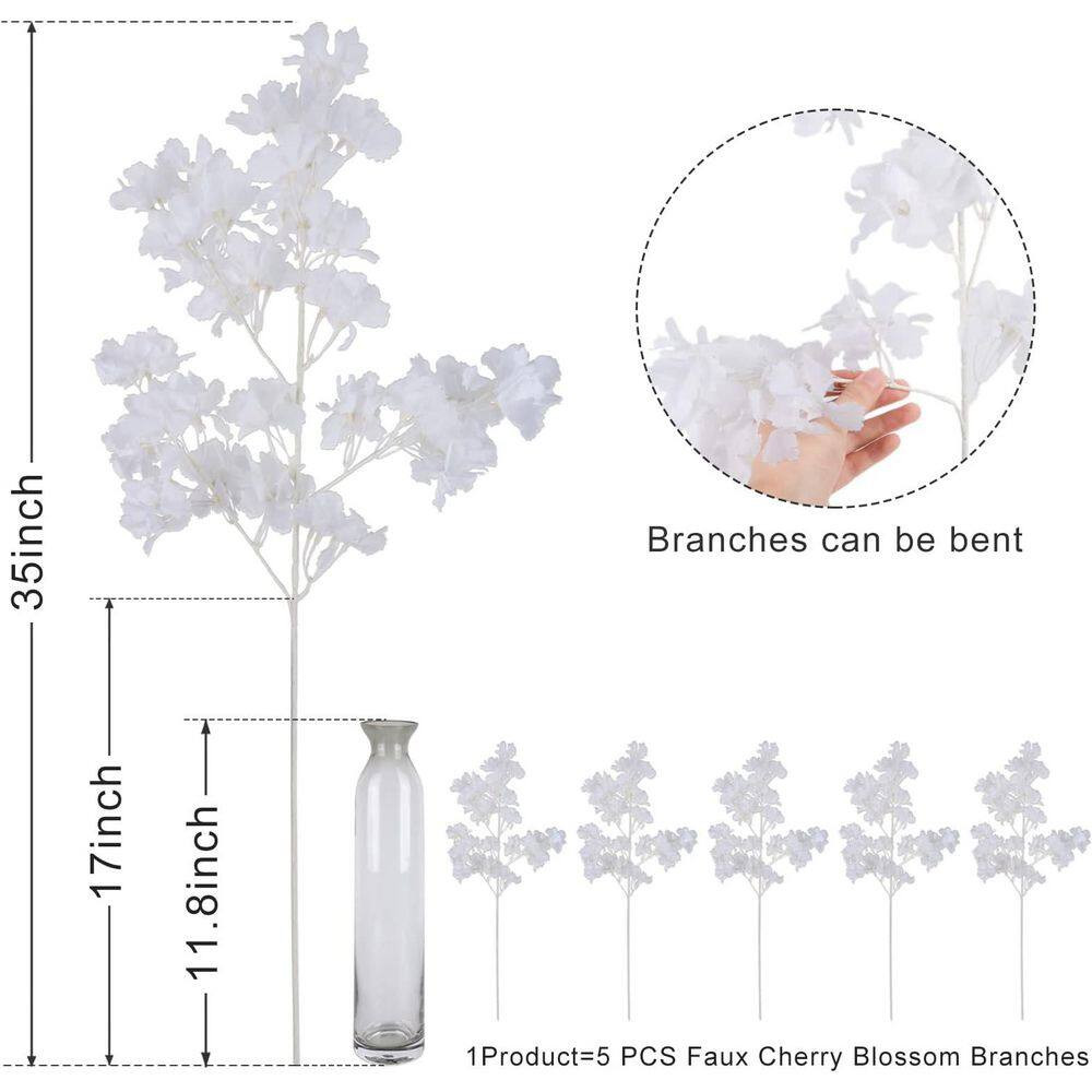 2 In. 35 In. White Artificial Cherry Blossom Branch Stem for Tall Floor Vase, Ho