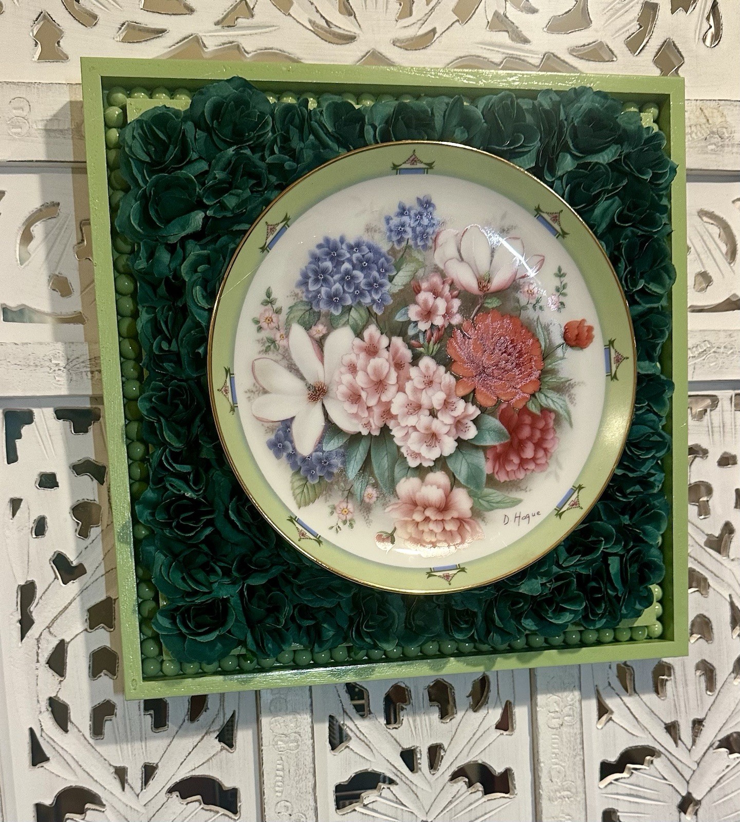 Upcycled Danbury Mint Plate 3D Wall Decor – Floral Roses Beaded Frame (12″)