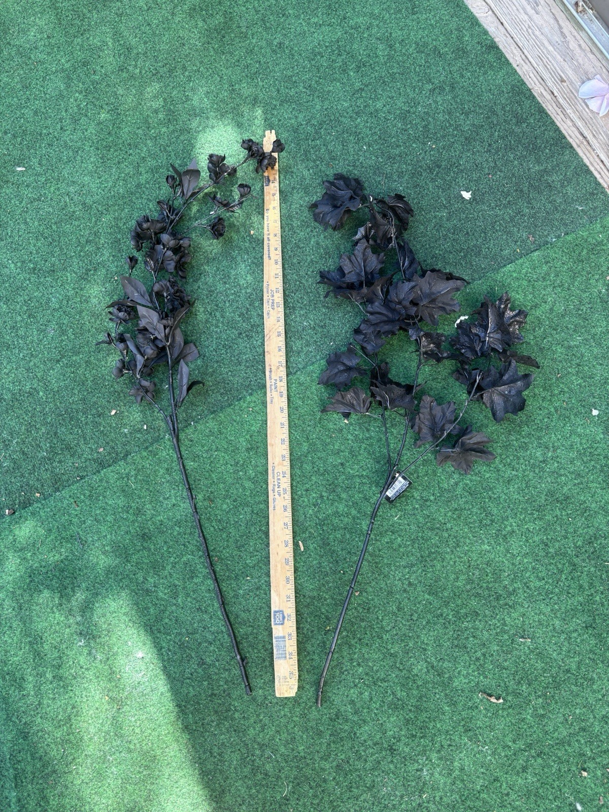 Halloween Decor Fake Black Glitter Maple Leaf & Goth Cherry Blossom Branch 24”