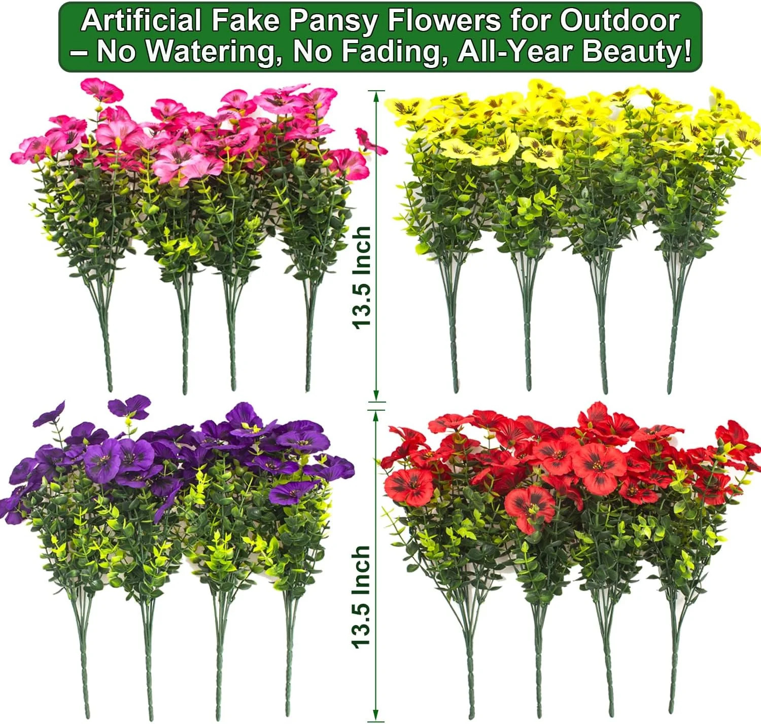Grunyia 16 Pcs Artificial Pansy Flowers for Outdoors, UV Resistant Faux Silk Pan