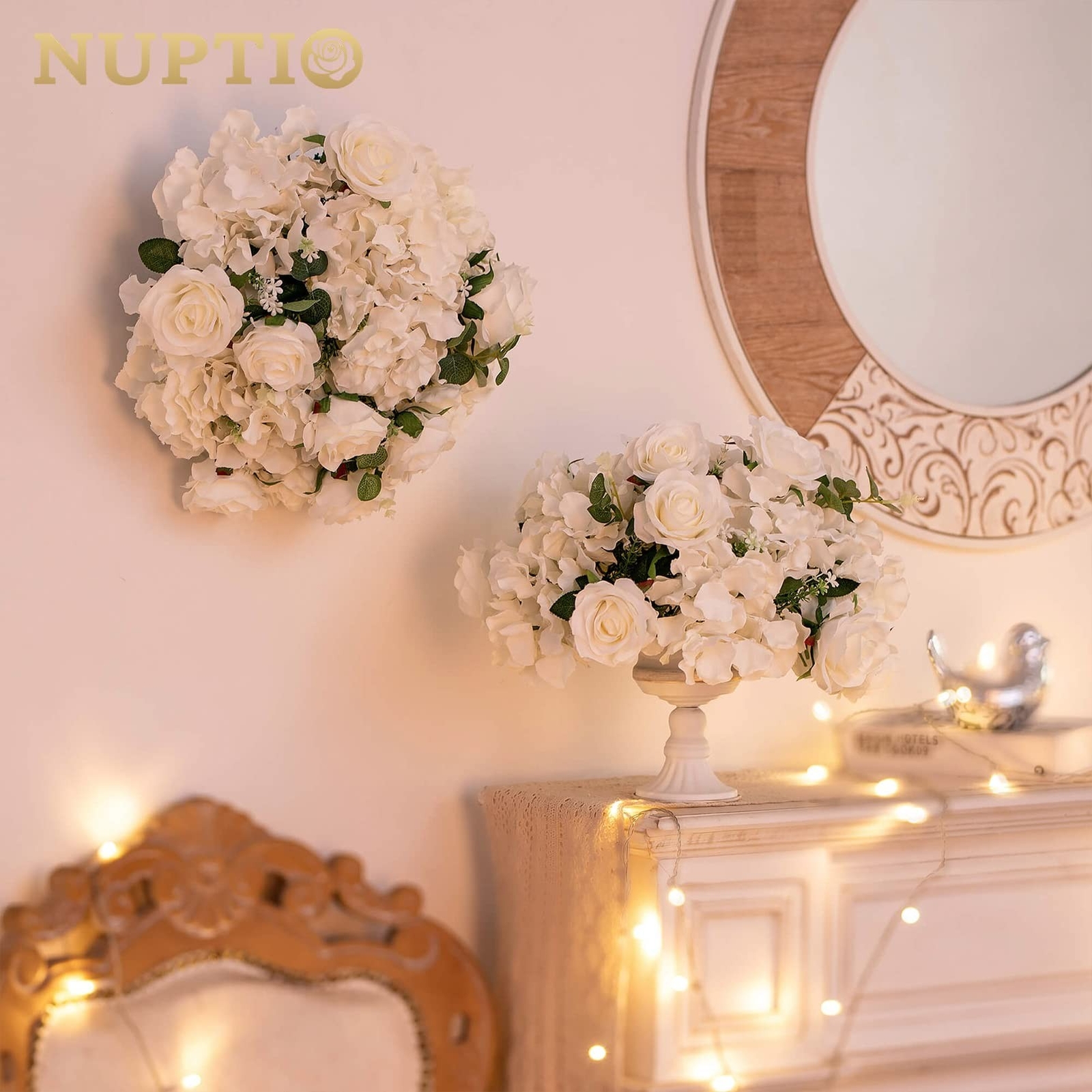 NUPTIO Flower Ball Arrangement Bouquet – 2 Pcs 15.7 inch Diameter White Fake …