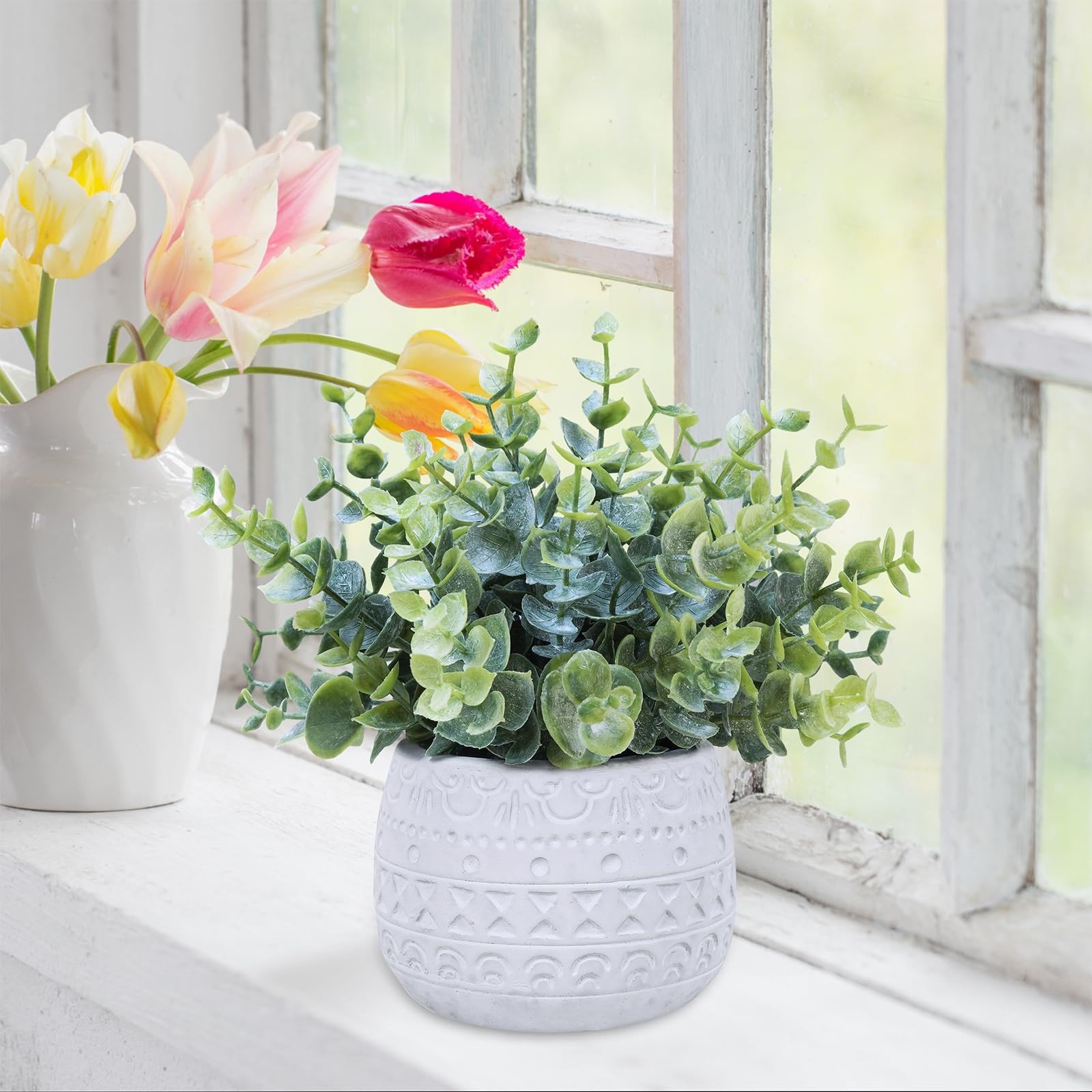 Set of 2 Small Artificial Potted Plants Faux Eucalyptus Plant in White Geomet…