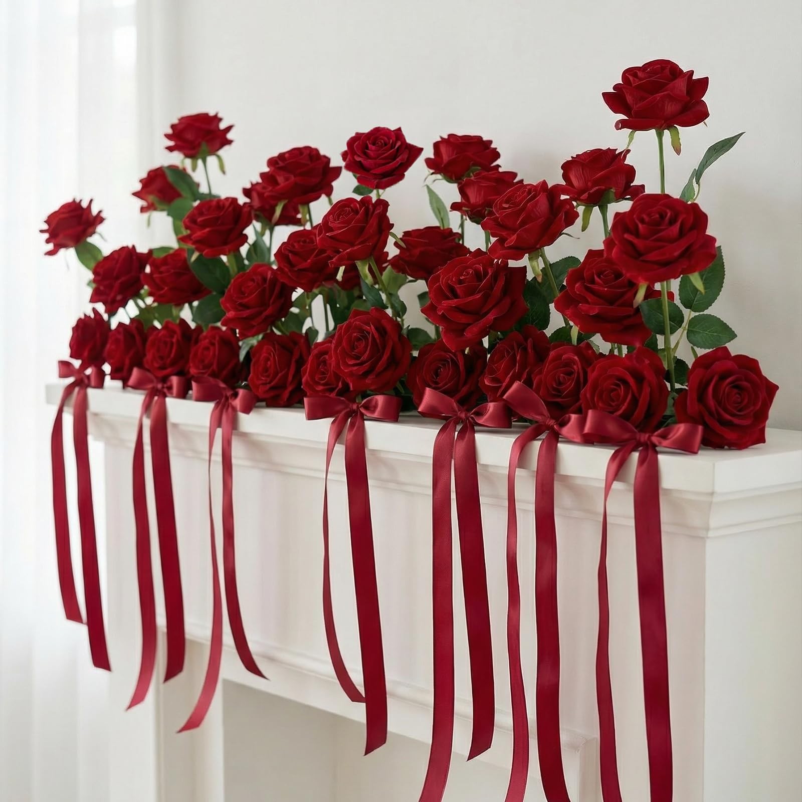 48PCS Red Roses Artificial Flowers, Realistic Fake Velvet Rose Bulk with Bend…